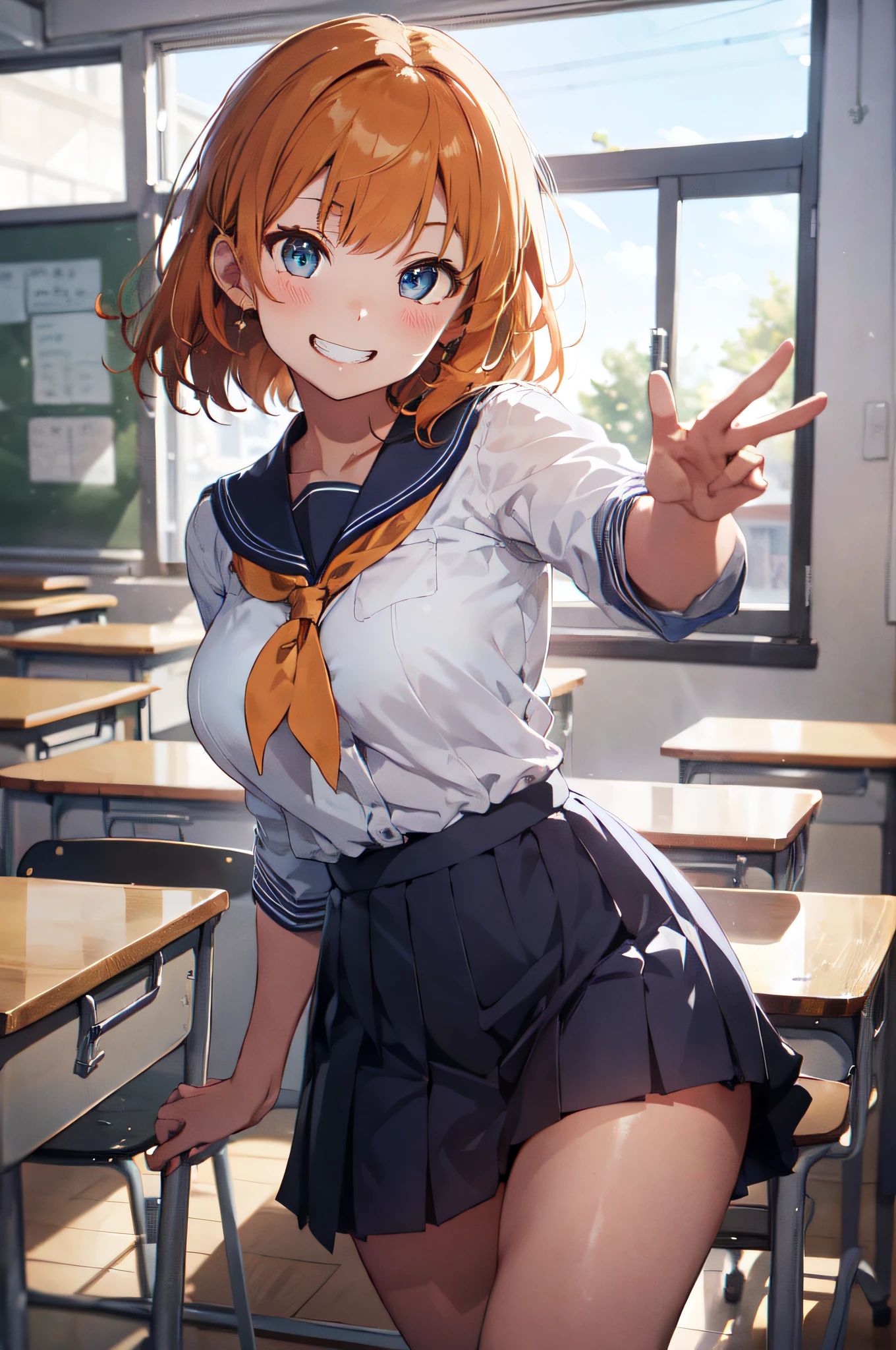 (top-quality、in 8K、32K、masterpiece、nffsw、超A high resolution、Impresionismo、Photorealsitic:1.2)、Colossal tits、cowboy shot, detailed faces and eyes、 Inside the classroom、Schools、Evening glow、beauitful face、blurry backround、16-year-old beautiful girl、shinny skin、Medium Hair、beautiful orange hair、Blunt bangs、blue eyess、(grin、Wink:1.2)、a sailor suit、Plaid miniskirt、Curve、(Lifting skirt、I can see panties:1.3)、thighs thighs thighs thighs、dynamicposes