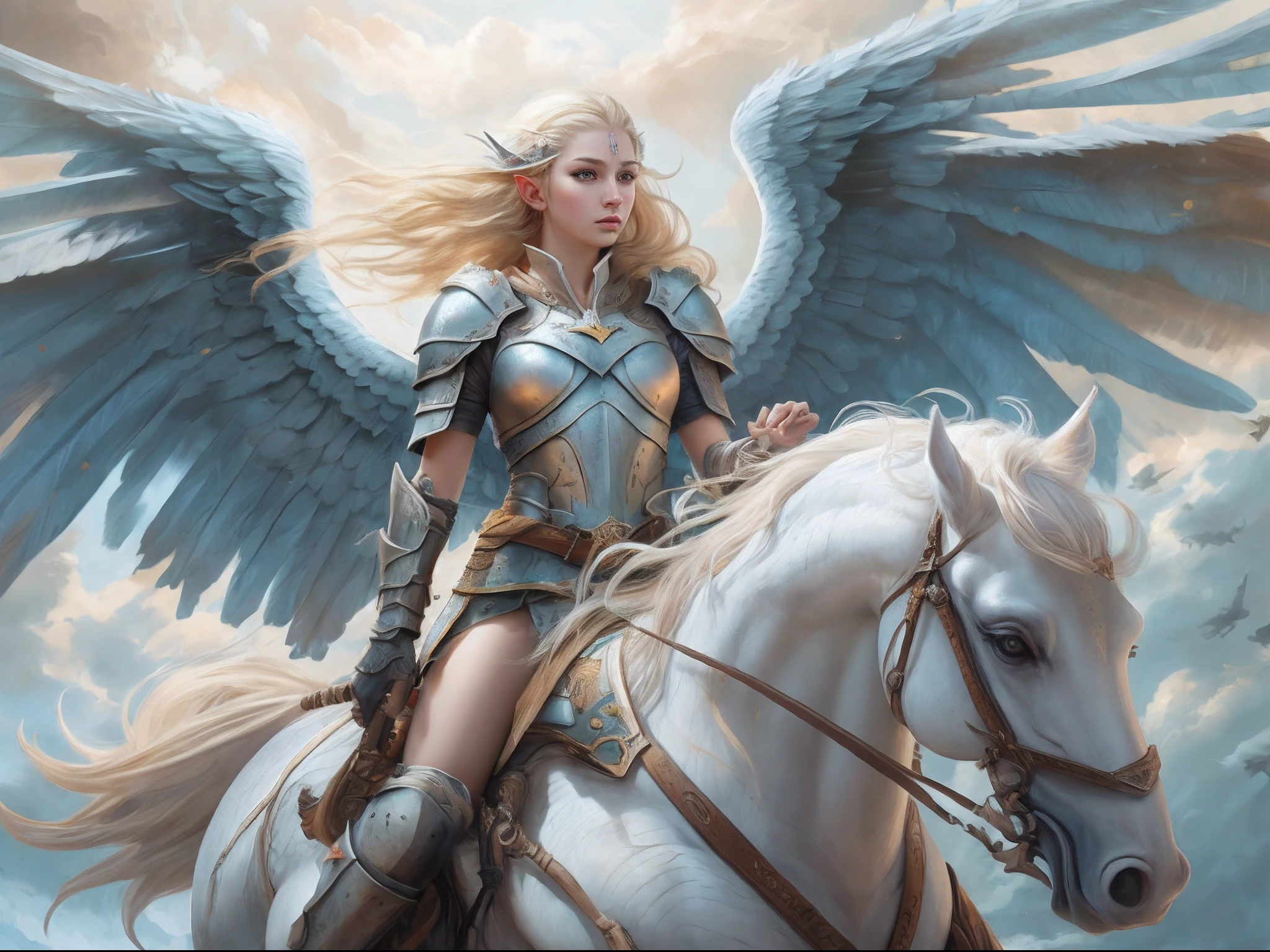 a picture of a beautiful female elf knight riding a Pegasus in the skies, female elf knight, extremely beautiful female elf (best details, Masterpiece, best quality: 1.5), ultra feminine, ultra detailed face (best details, Masterpiece, best quality: 1.5), determined face, ready for war, blond hair, long hair, wavy hair, dynamic eyes color, armed with a long sword, wearing heavy armor, elven armor (best details, Masterpiece, best quality: 1.5), white Pegasus, Pegasus wings spread, blue skies, some clouds in the background, fantasy art dnd art, RPG art magv1ll, Ultra-Wide Angle, high detail, award winning, best quality, HD, 16K, high details, best quality, absurd highres, ultra wide angle, photorealistic, ultra realistic [[anatomically correct]], high details, best quality, 16k, [ultra detailed], masterpiece, best quality, (extremely detailed), ultra wide shot, photorealistic,