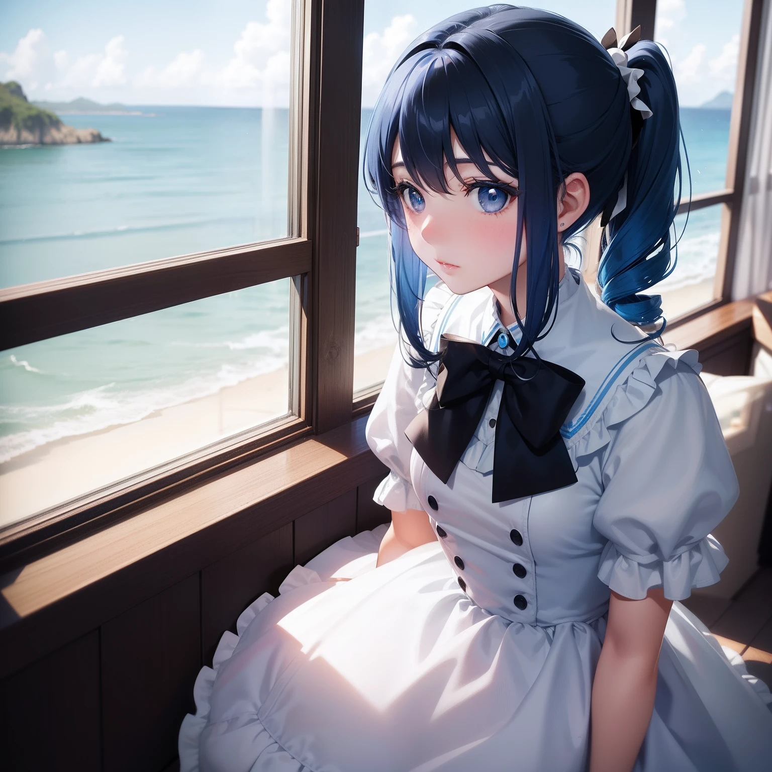 Blue color hair,double ponytail curls,Black colored eyes,White Lolita,Beth,Sea-view windowsill