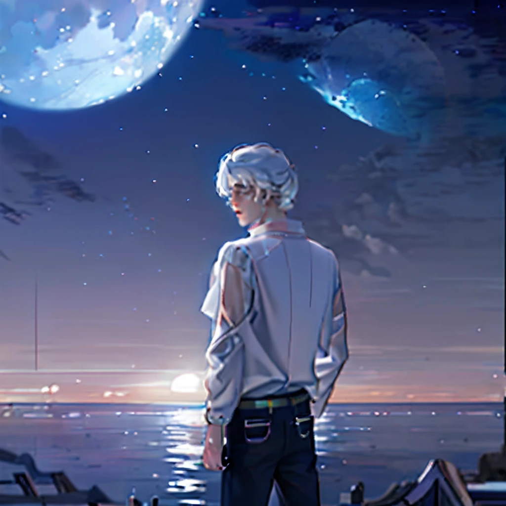 The background is appropriately white Art style Lonely handsome boy of the moon The painting style is simple and atmospheric, Exquisite HD, Rich in details, clear picture quality, arte de fundo, future, Mature atmosphere 8K delicate on the seaside white space art