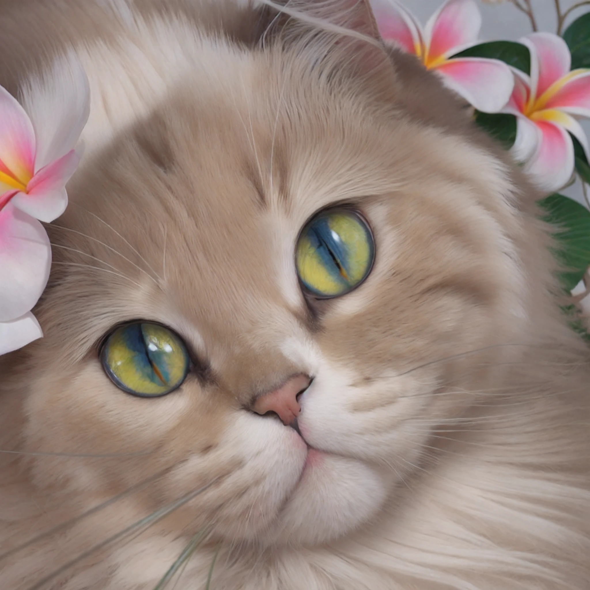 Tropical style、White Ragdoll、catss、Blue eyes、Plumeria floral ornament on the ears、