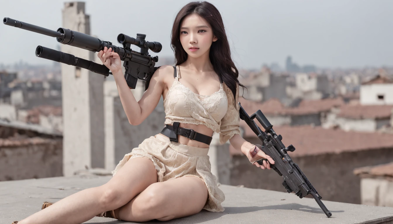A female sniper ambushes the roof of a building,Armed with a sniper rifle and aim at the enemy,Battle background,Hyper-detail photography,Mattire,Golden ratio,Chinese woman、Youthful、white under lingerie、Short purple skirt、Open navel、long whitr hair、Tall guy、Black hair color、full bodyesbian、photorealestic、skin highlights、largeeyes、perfect anatomia,Reclining,With a smile