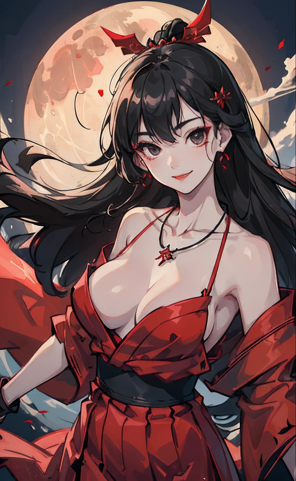 Sexy ager，tits out:1.8，Upper body naked, Hair Accessories and Necklaces，8K分辨率，top-quality，hyper HD，extreme hight detail，ancient environment，the night，Top Design，Red Hakama，Dynamic lens，Texture，Ancient wind,A smile,dance, Black eyes, A dark-haired, kindly smile, red lipsticks, natta, God in the sky々Full Moon,