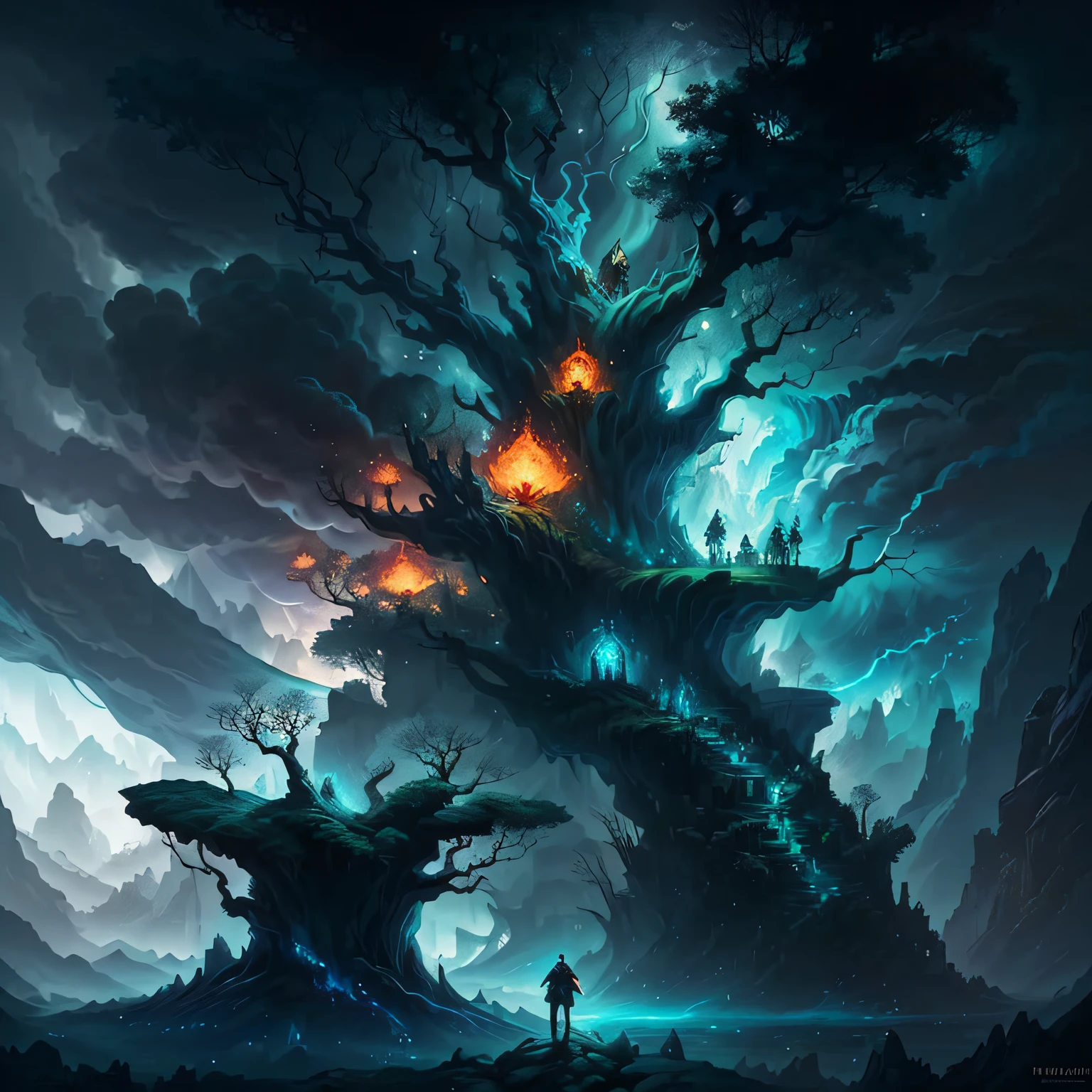 Hikari Shimoda、Gediminas Pranckevicius and Peter Mohrbacher，number art，dnd，prime time，Trends on Artstation，trichotomy，There is a painting of a tree in the middle of the mountain, fractal thunder dan mumford, 4k highly detailed digital art, magic the gathering card art, 8k hd wallpaperjpeg artifact, 8k hd wallpaperjpeg artifact, magic the gathering art, full art, 4K detailed digital art, Symmetrical epic fantasy art, league of legends splashart，Dream World，Dream painting，World Tree，gigantic trees，Divine Tree，fansty world，Blue skies，White clouds floating，big breasts beautiful，large grassland