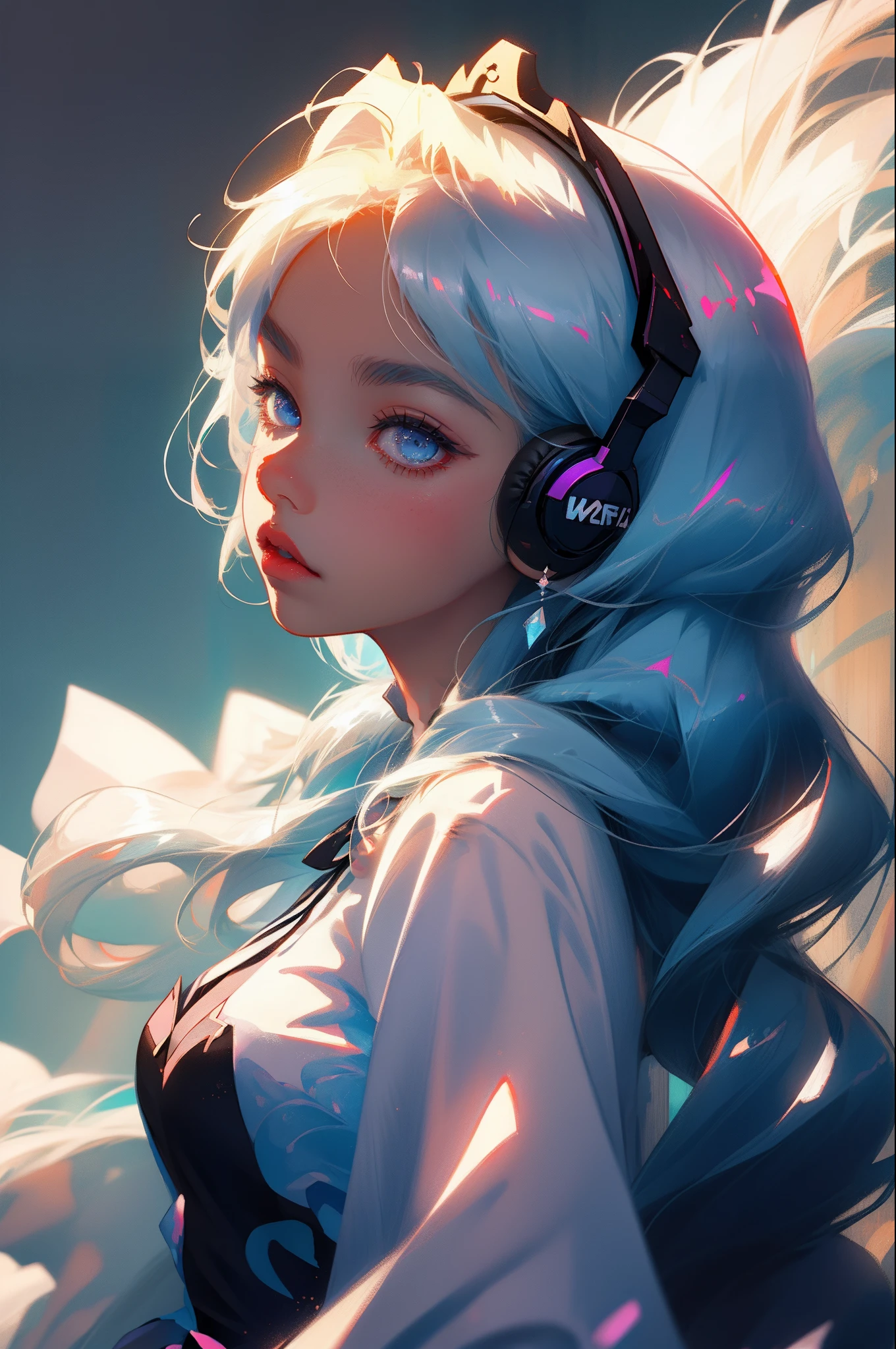 Profile picture half body portrait, white lolita dress up , cute Anime Japan 2d, Sharp focus 16k resolution Very sharp, Hyper detailed, wear headphone, short gray blue pastel hair, look like silverwolf honkai impact style, 8d , blue shine eyes, loli ((( super hd ))), gamer style