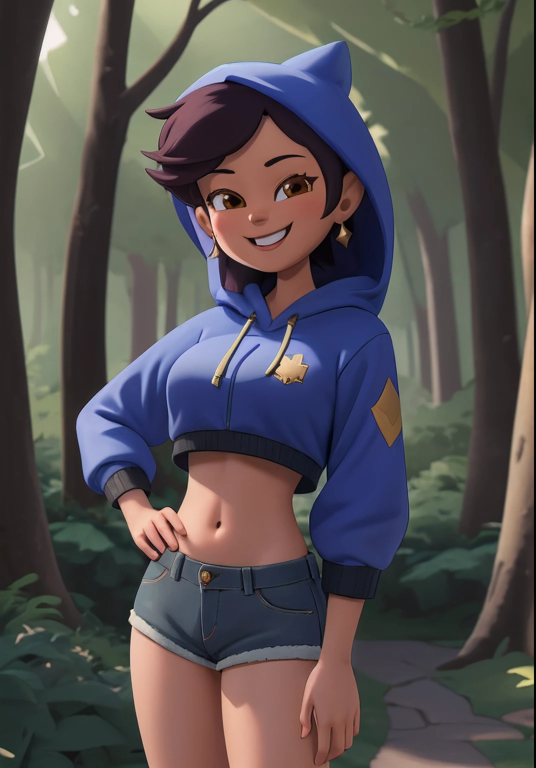 high quality 3d image of close up,smiling,looking at the camera,masterpiece,high detail,shorts,hoody,in a forest,exposed midriff,standing,