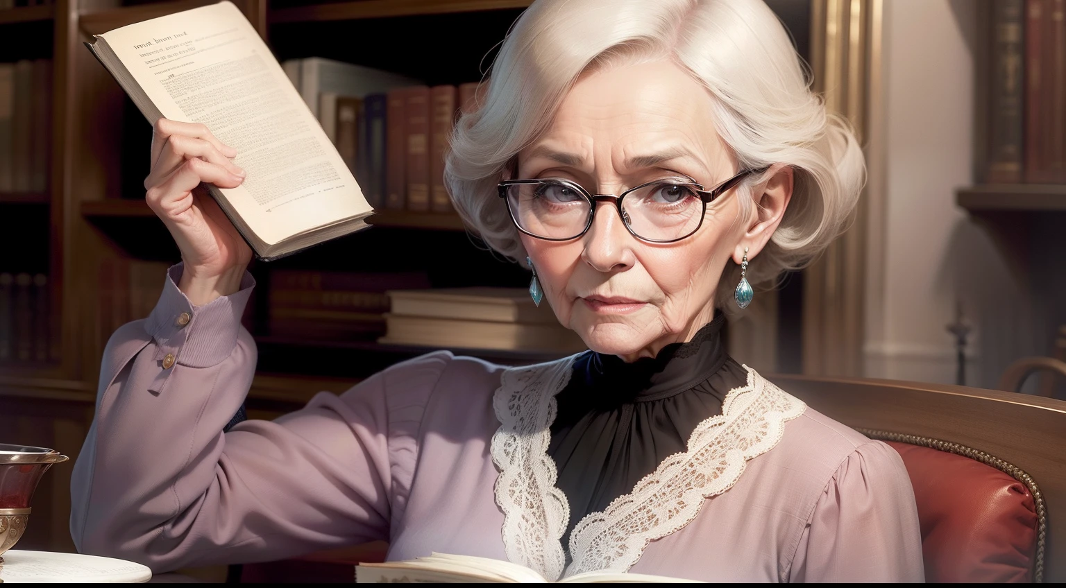 mulher, 60 anos, bem vestida, lendo um livro
