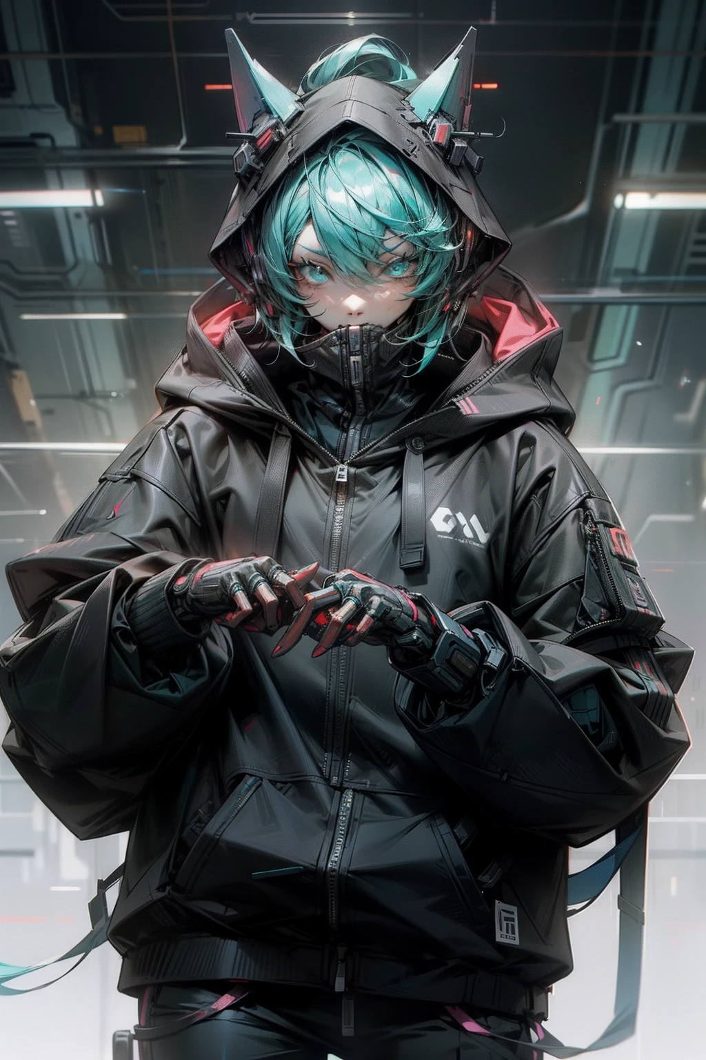 A black hoodie,Cyberpunk style of cat-type people,Cyan with a digital cyberpunk anime style。