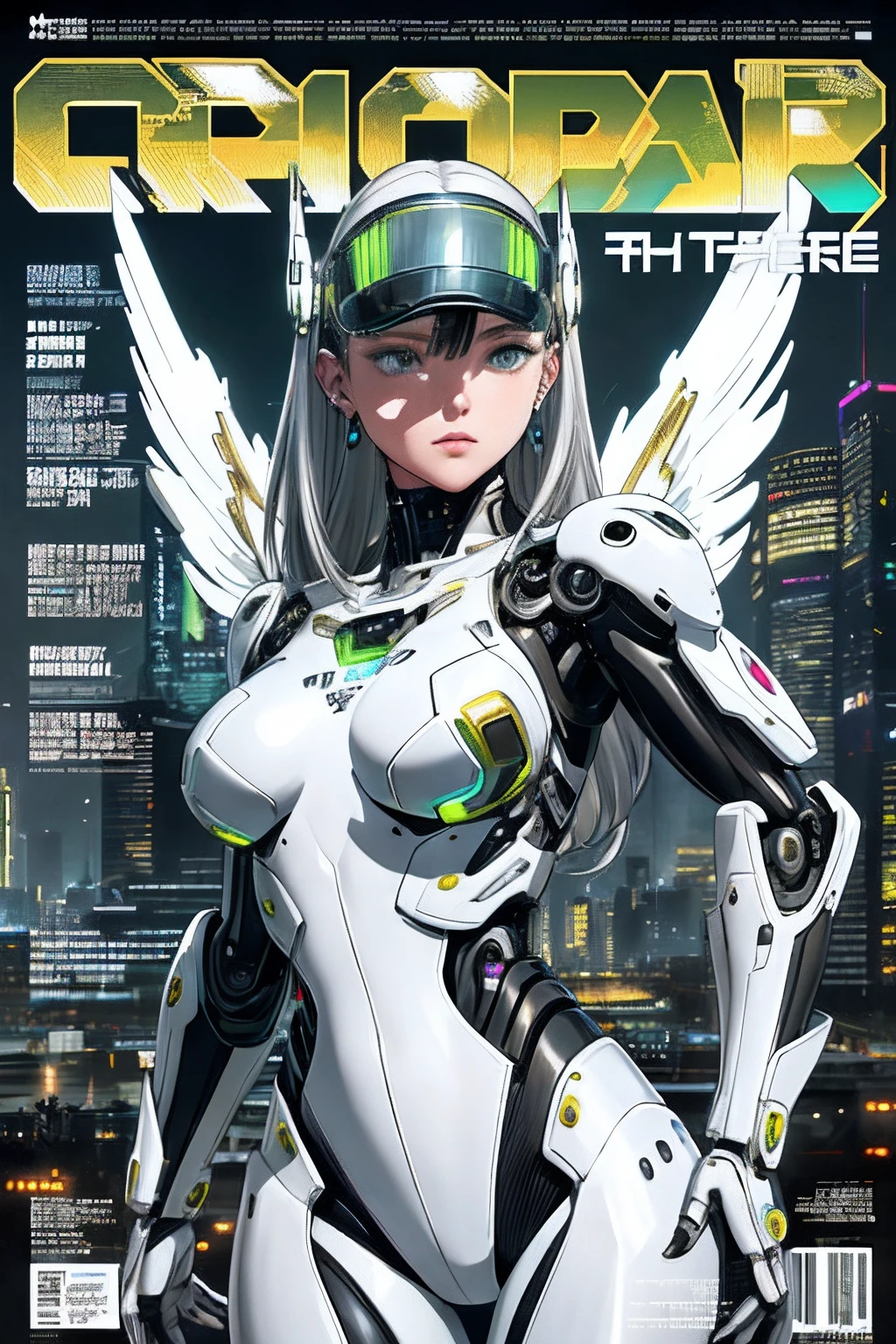 masterpiece,  (best quality), (ultra-detailed), (ultra-realistic:1.2), landscape,  sci-fi, transistorpunk,  cyberpunk, biopunk, (magazine cover:1.4), (gray, white), female huge robot, visor, earring, mechanical angel wings on the back, angel wings,  future town, dynamic pose, dynamic angle, small breasts, luxury, (gold, silver, green), neon