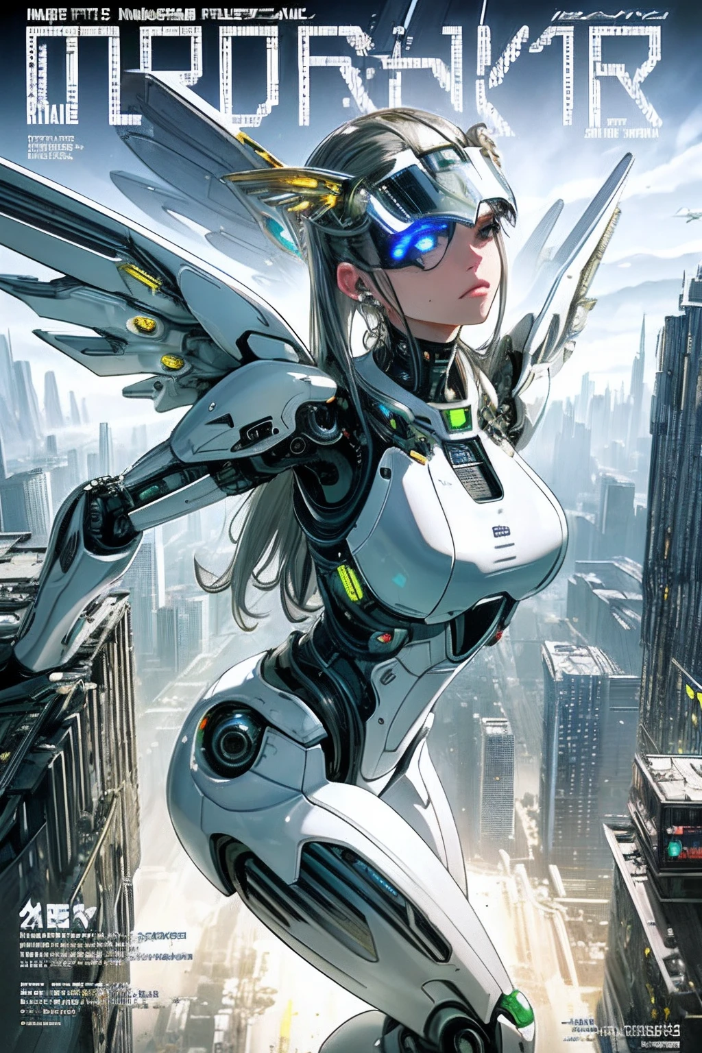 masterpiece, (best quality), (ultra-detailed), (ultra-realistic:1.2), landscape, sci-fi, transistorpunk, cyberpunk, biopunk, (magazine cover:1.4), (gray, white), female huge robot, visor, earring, mechanical angel wings on the back, angel wings, future town, dynamic pose, dynamic angle, small breasts, luxury, (gold, silver, green), neon