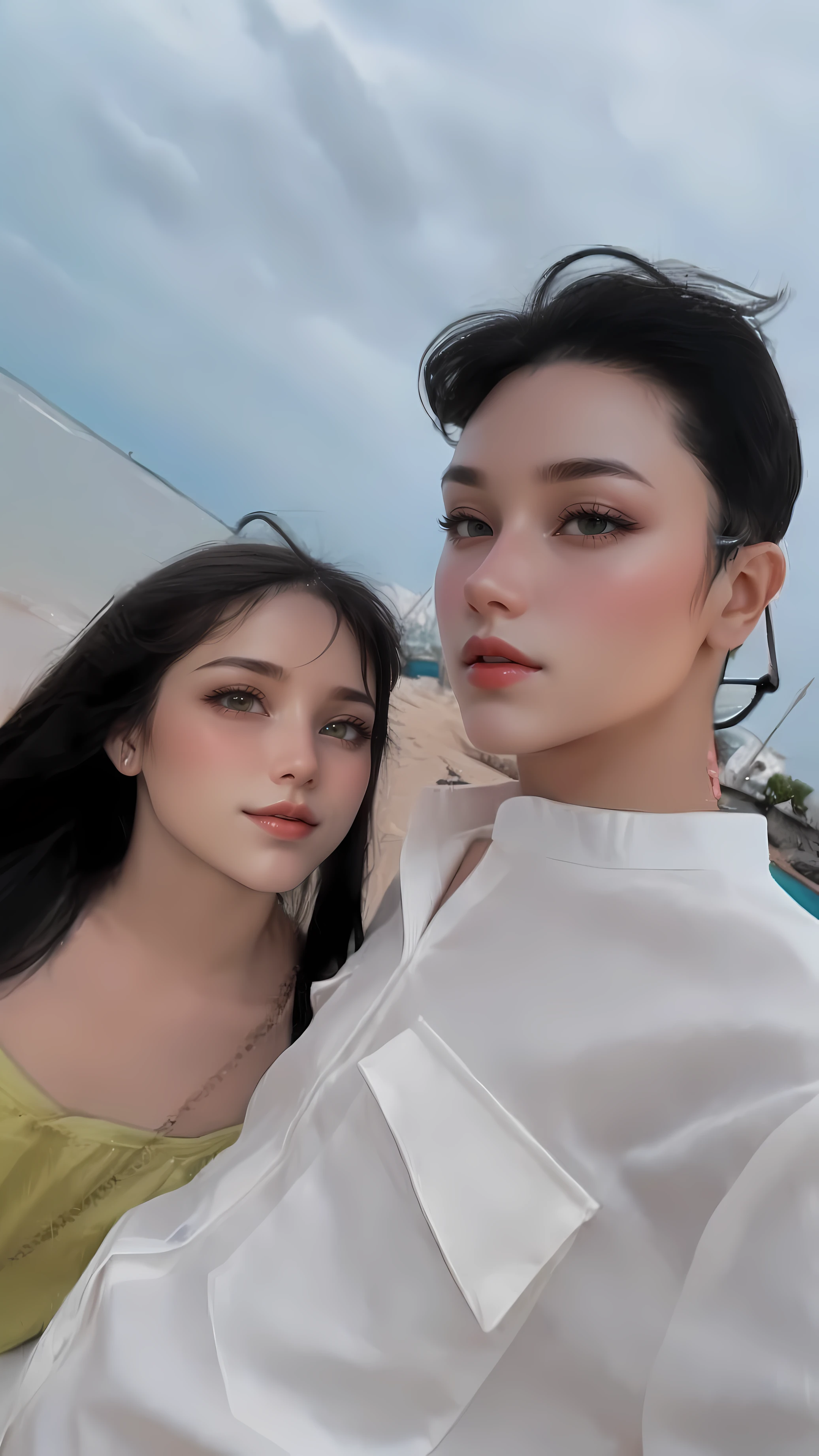 On the left is a girl, on the right is a boy, Realistic anime, Colorful Anime、the color of the dress or the color of the clothes is as advertised in professional magazines, Hair style metallic red or green nuggets, iridescent eyebrows, beautiful glitter, attractive curves, dimpled cheeks, genuine, dimpled cheeks, bright red lips, bright scene, background bokeh, candy green tree lines, white human skin, bright, realistic face, like a professional portrait, DSLR, niji style,portrait, simple background,realistic, bare_shoulder, cleavage,