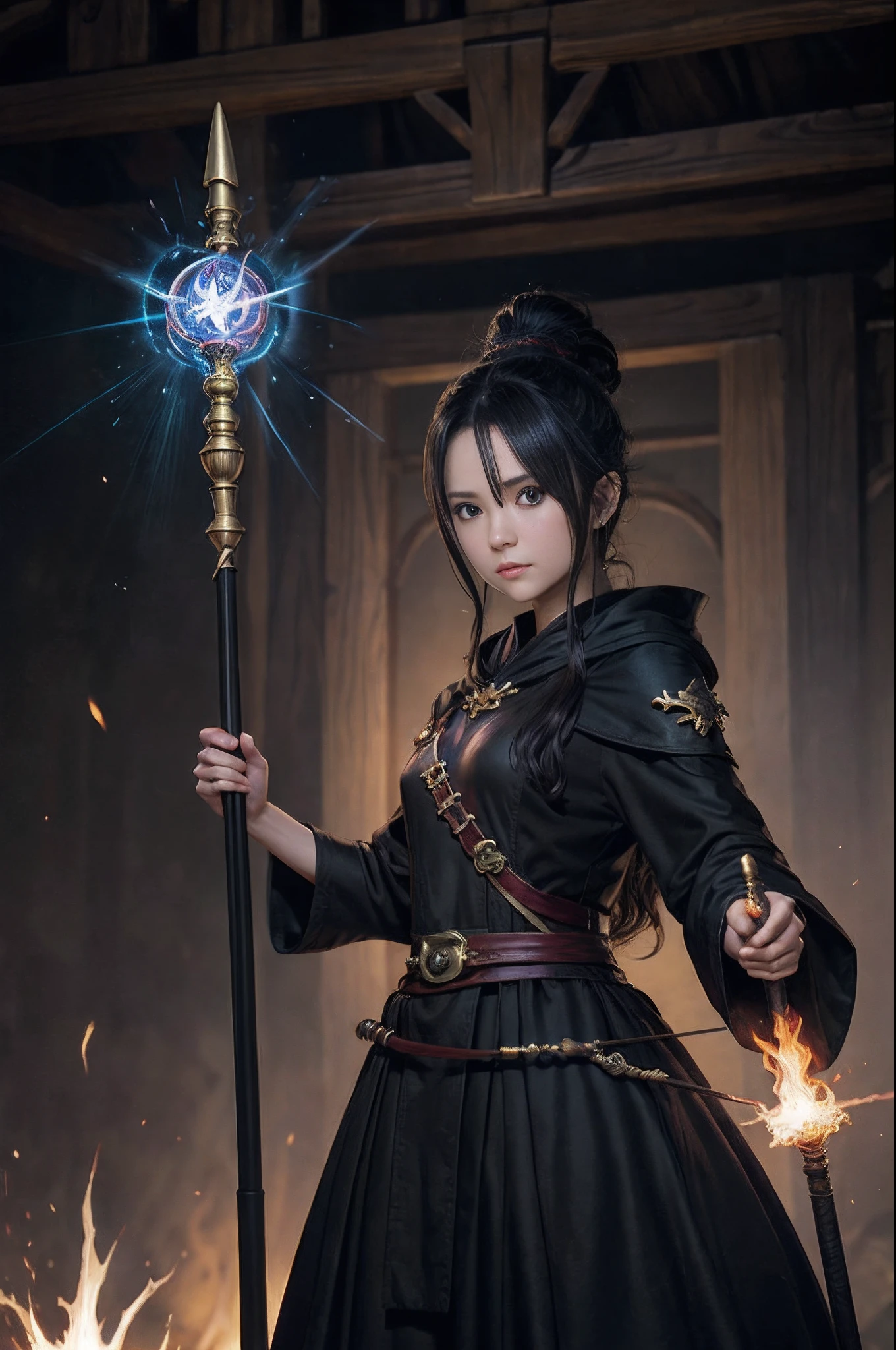 masterpiece、Dragon quest、Sorcerer、a wizard、Intelligent beauty、Wooden cane、Fireball from the wand、Staff of the Wise Man、Black magic suit、pale shiny hair、Dragon's Eye、battle field、Flying Devils、Flying Dragons、war、highestdetailed、Flying sparks
