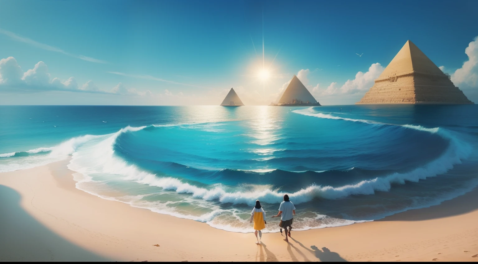 Create a painting that represents the division of the sea. The painting is to show the Israelites walking on dry land, while the waters of the sea part around them. The sky must be light blue and the sun must be shining. The Israelites are supposed to look happy and relieved, while the Egyptians are supposed to look terrified.