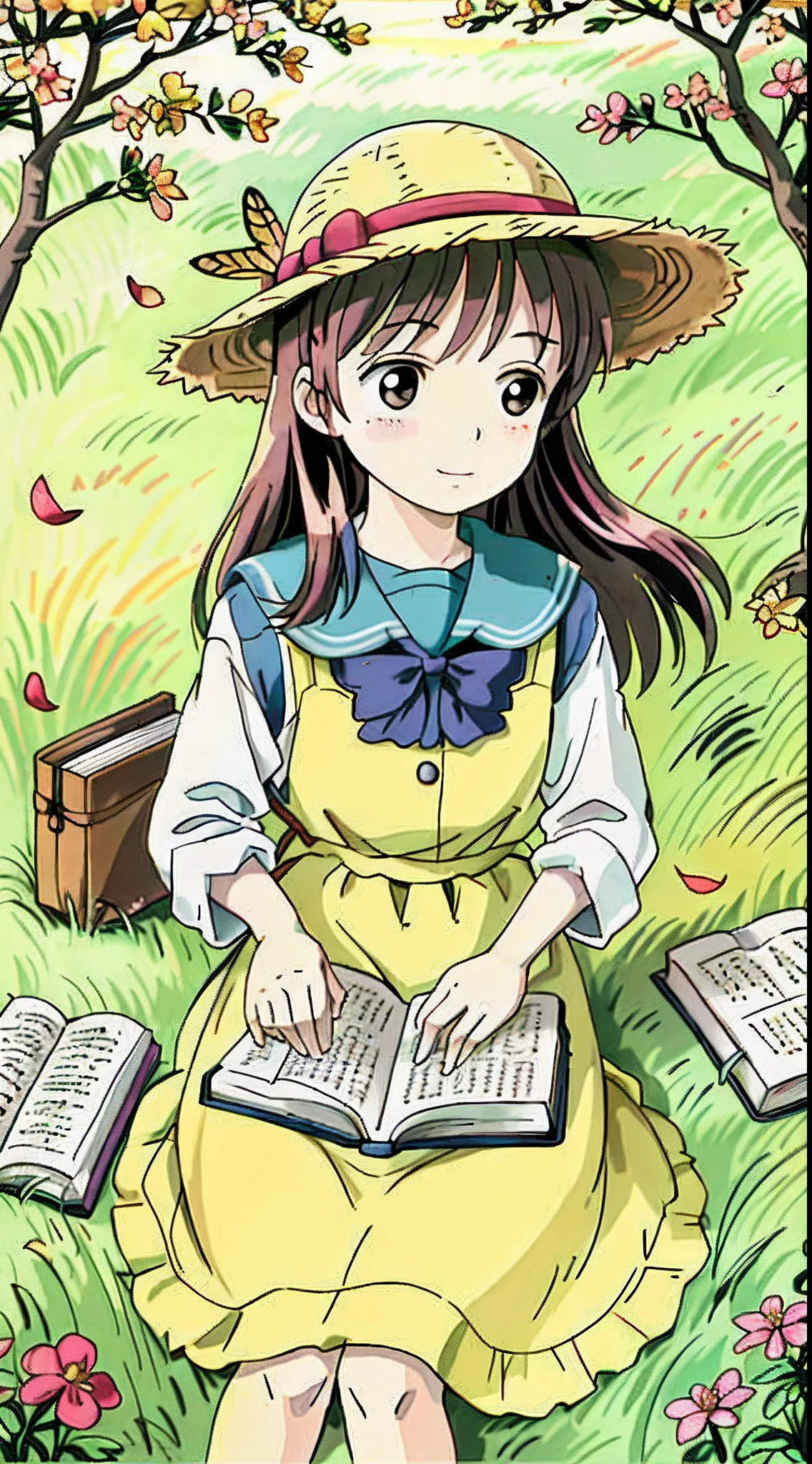 Sitting in an autumn wheat field,A super cute little girl reads a fairy tale book,Natural light,Fresh and light colors,blossoms,butterflys,Straw Hat Hat,book,bookbag,Super detailed picture,tmasterpiece,Masterpiece,Shooting from an elevation perspective