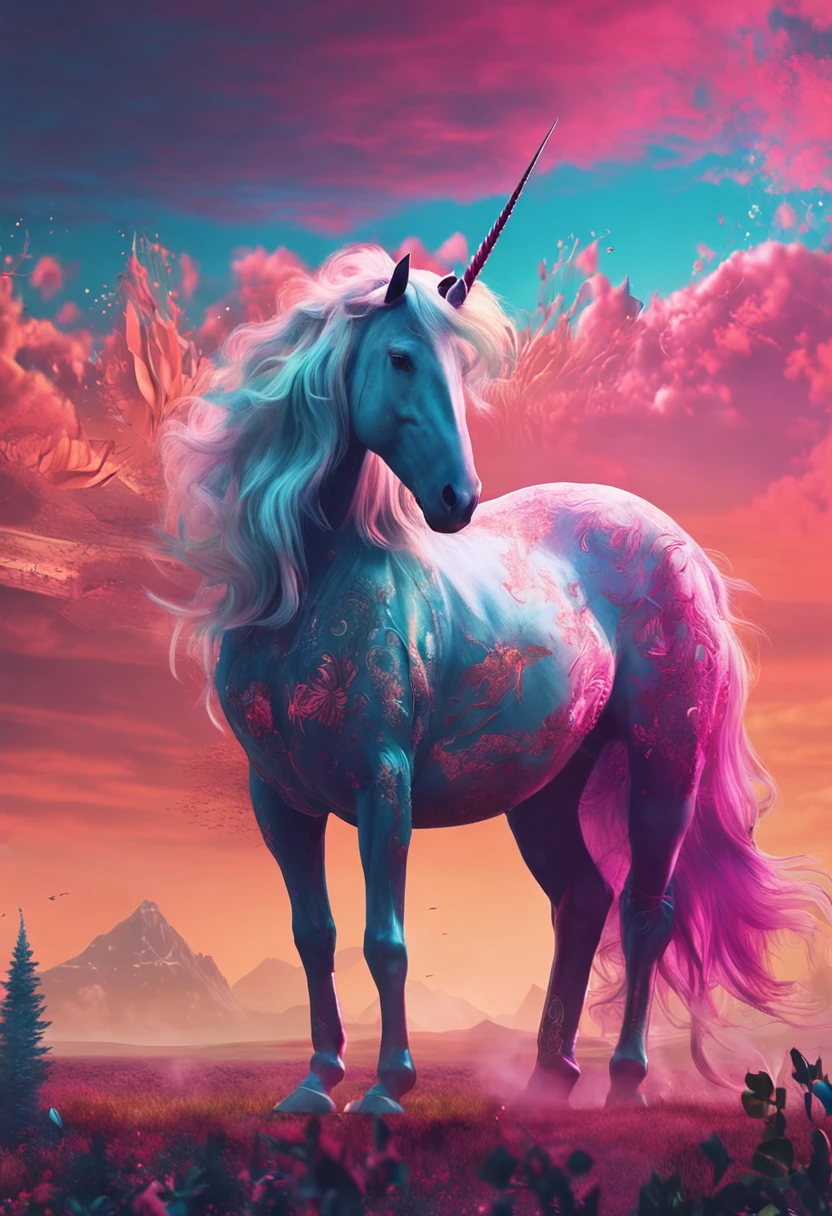 Depicts a majestic unicorn walking in a magnificent landscape background。Take advantage of gorgeous colors and delicate lines，Show the majesty and mystery of the unicorn。