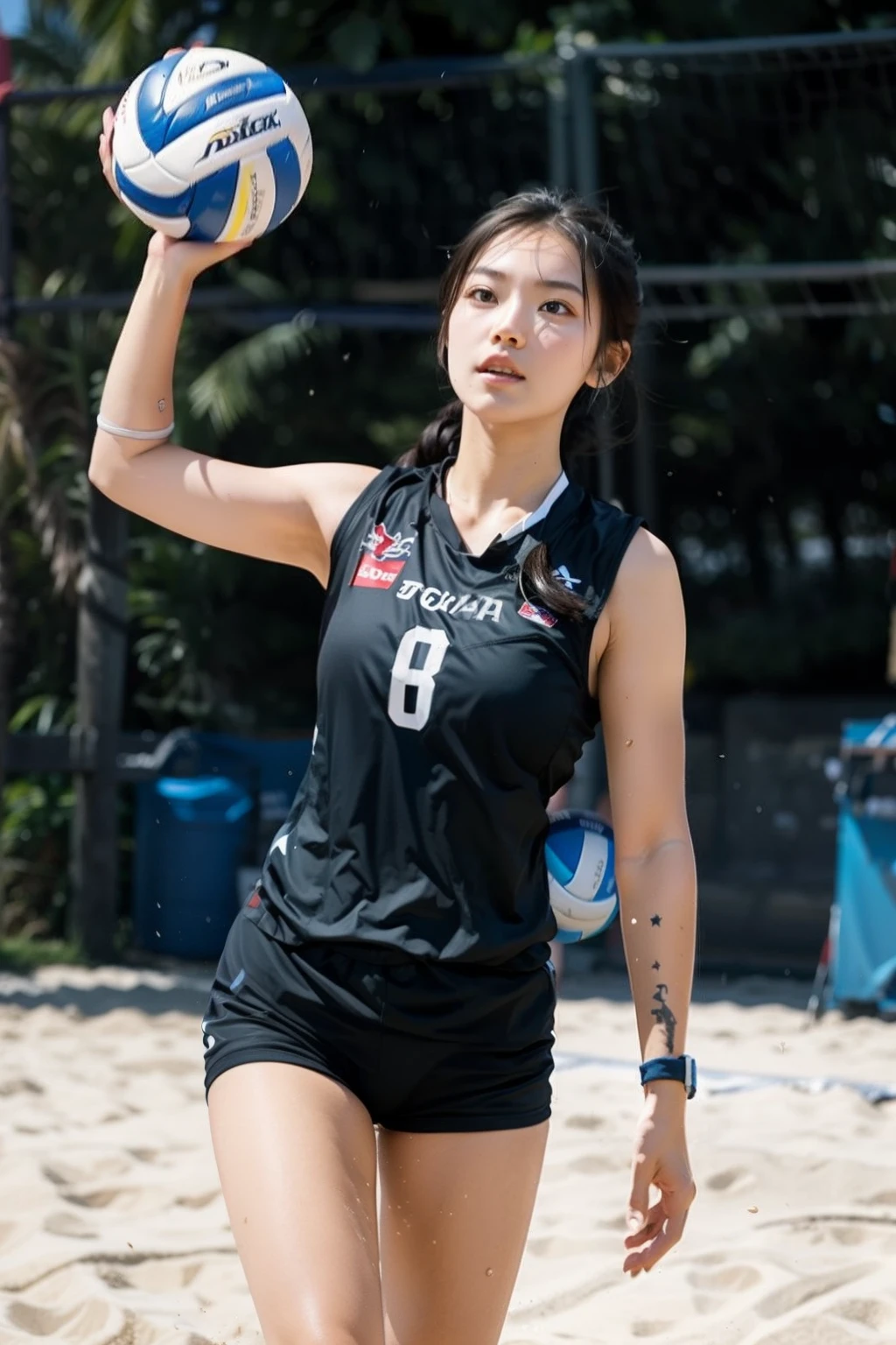 beautiful glowing skin, medium dark hair , high resolution, masterpiece, 1 girl, volleyball , volley uniform , volleyball beach pitch , servicing , (motion blur 1.2)