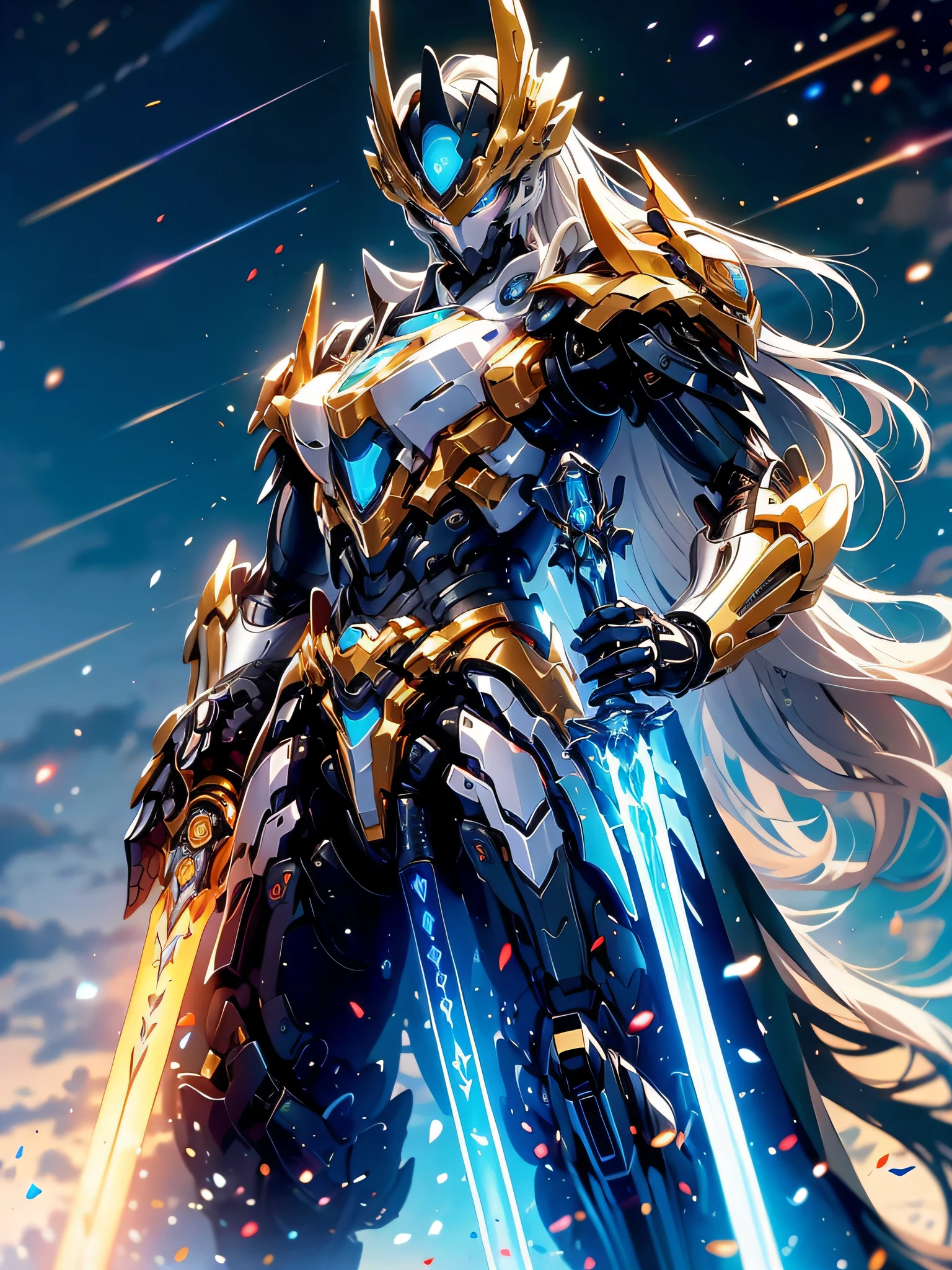 Super masterpiece， best qualtiy， High quality， （A futuristic：1.1）， （Paladins armed with lightsabers, light magic, divine, Mage Wave, Silver and Gold）， 电影灯光， （exquisite future）， Beautiful and beautiful， ultra-detailliert， amazing composition， floating， depth of fields， （Very detailed CG，Unity 8k壁纸）， （beautiful detail background）， beautiful hair details， dramatic lights， gogetta， mechs，best qualtiy，超A high resolution，Photorealistic