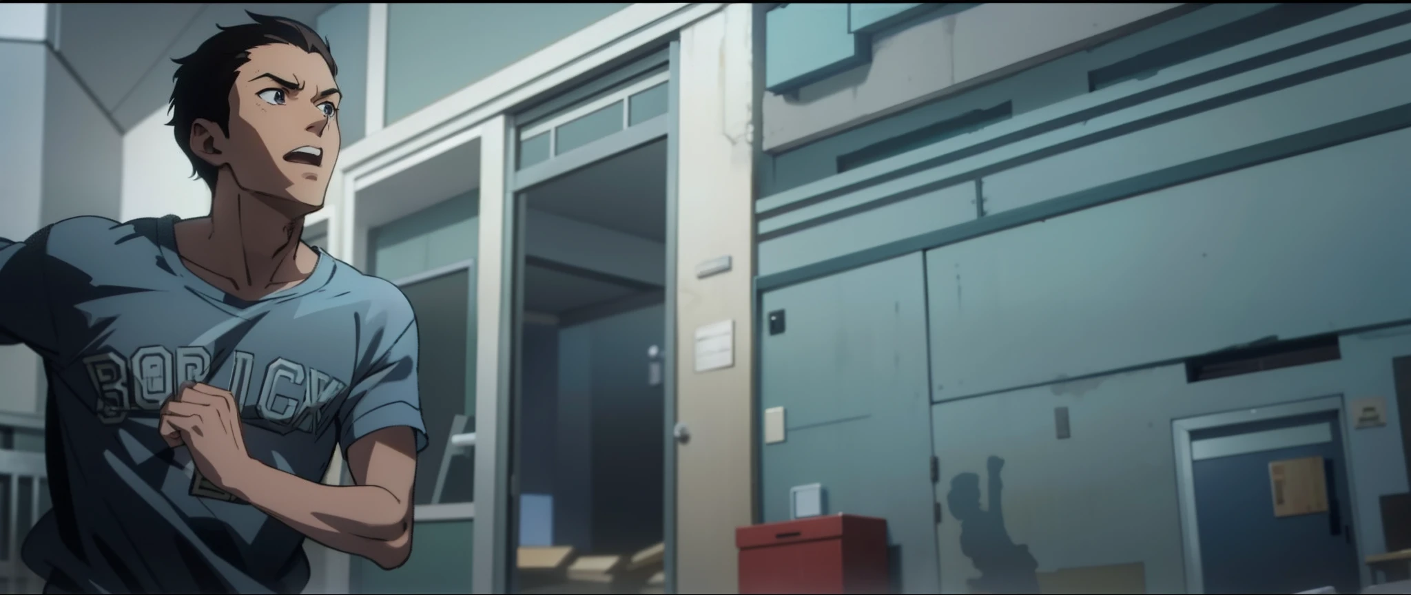 Anime scene, a boy running, hallway background, door at the back