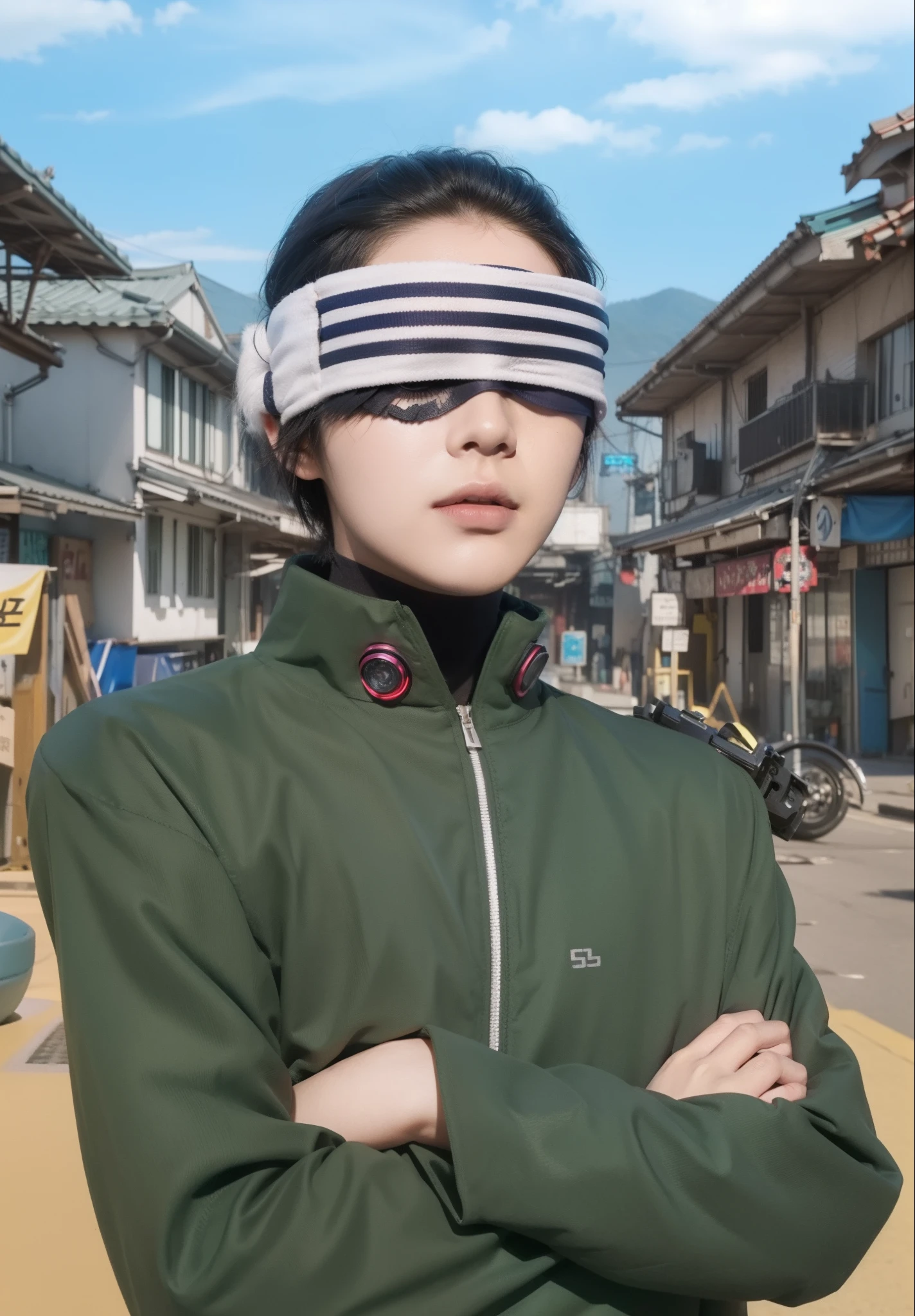 Real life adaption of this character,((wear cyberpunk headband covered eye)),Korean handsome face,short hair,realistic outfit,realistic light,realistic shadow,realistic background,(photorealistic:1.2),(same logo on the collar),((Don't show eyes))