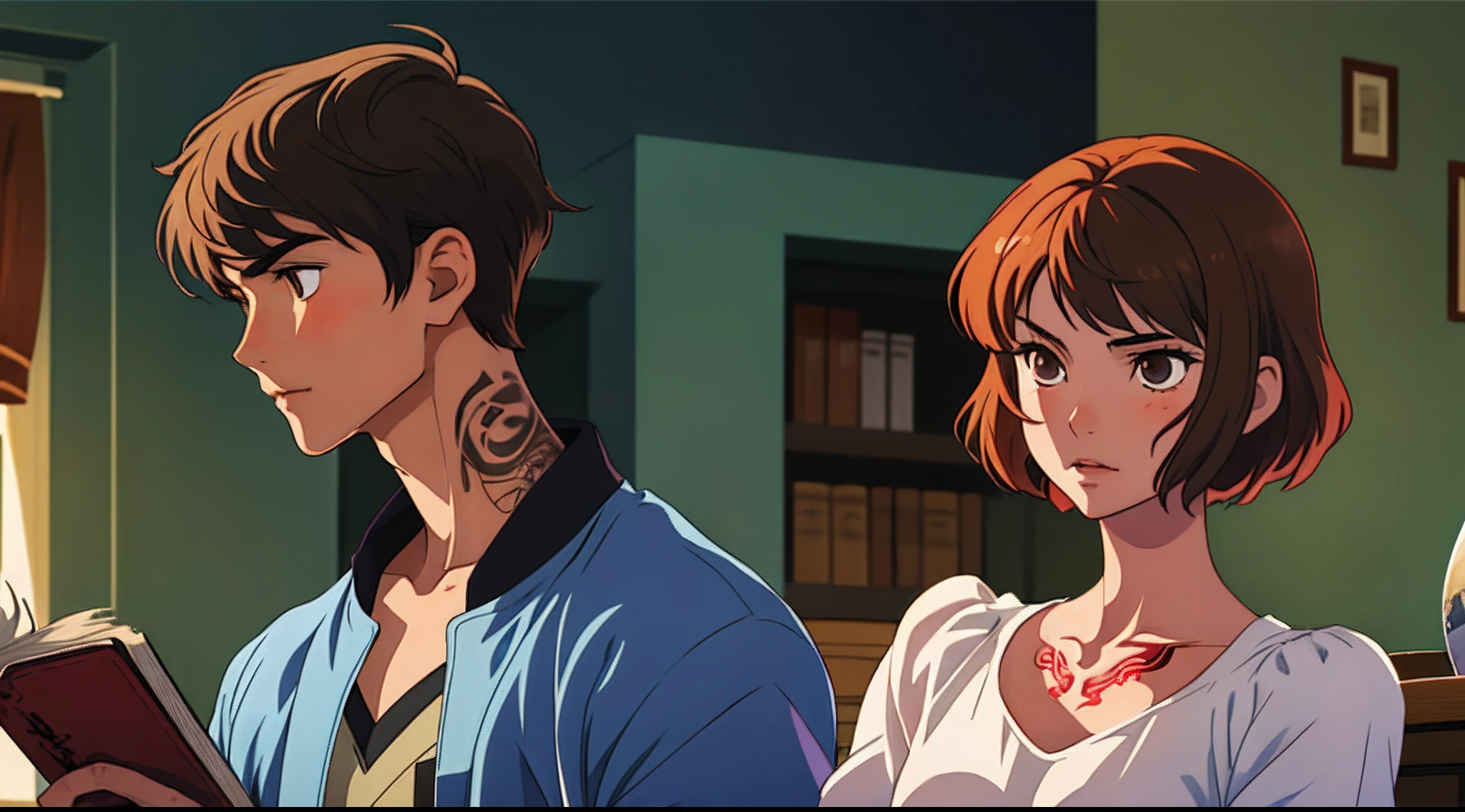 Anime house: a boy on the right with short hair and brown skin, a girl with brown skin and short hair and another boy on the left with beautiful compressed hair with tattoo on the neck gorgeous for book cover