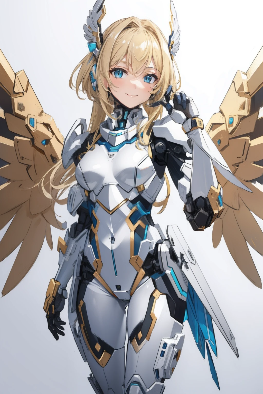 (master piece, Best Quality), Intricate details, valkyrie, happy smile, laugh, hand up, looking at viewer, Feather Headgear, Valhalla
1girl in, Solo, portrait, Tentacle ash blonde hair, mini wings, single thighhigh, Independent single sleeve, gloves,
mecha musume, Droid, mechs, white Bodysuit, white fortified suit, Robot joints, silver pantyhose, full armor,