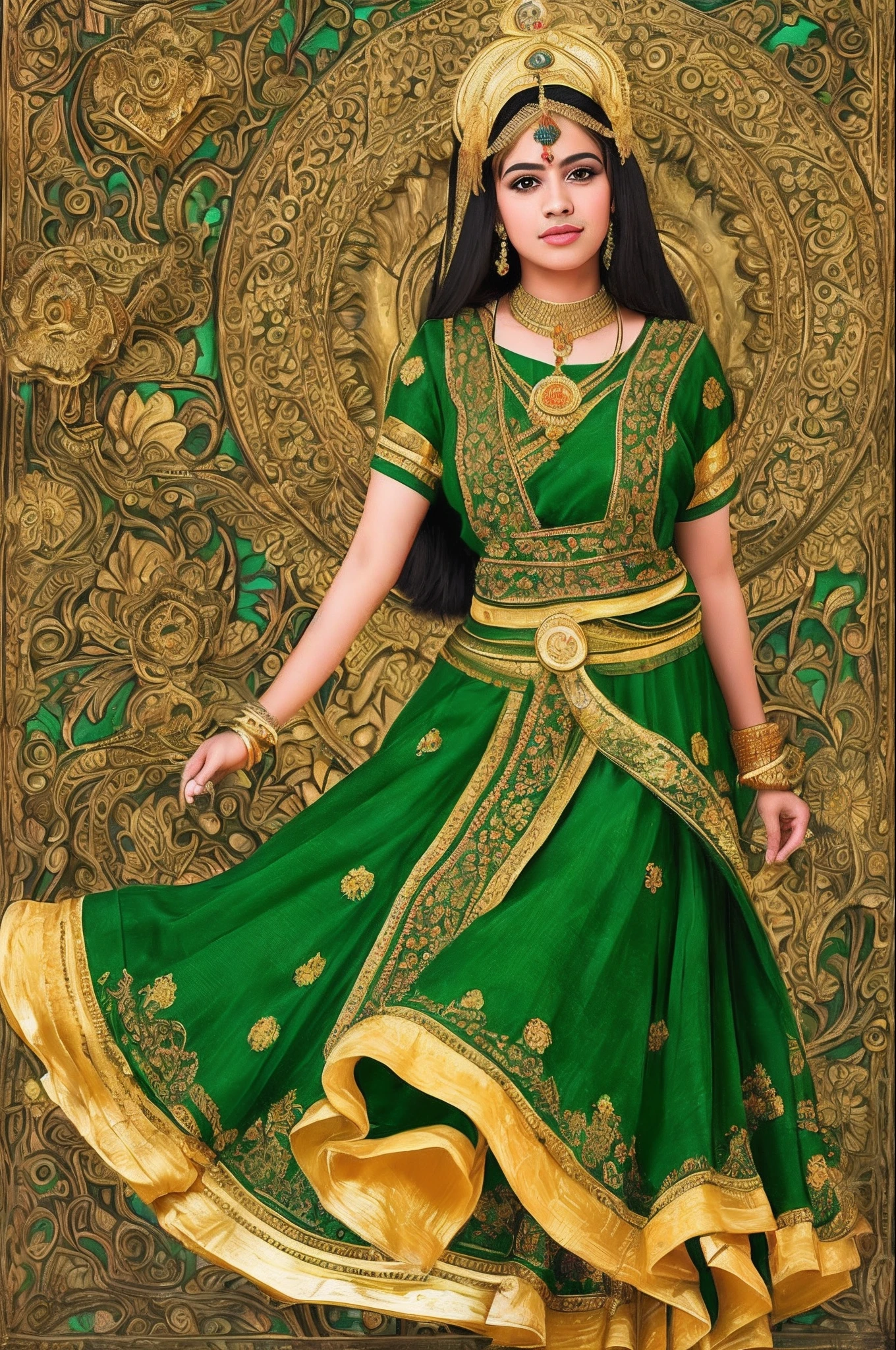 (masterpiece, best quality, realistic),
1girl, background, indian dress, dancing, intricate, dark green dress, gold, indian palace, india, indian person, banquet, crowd, picking up skirt, darker skin,
[slight smile],