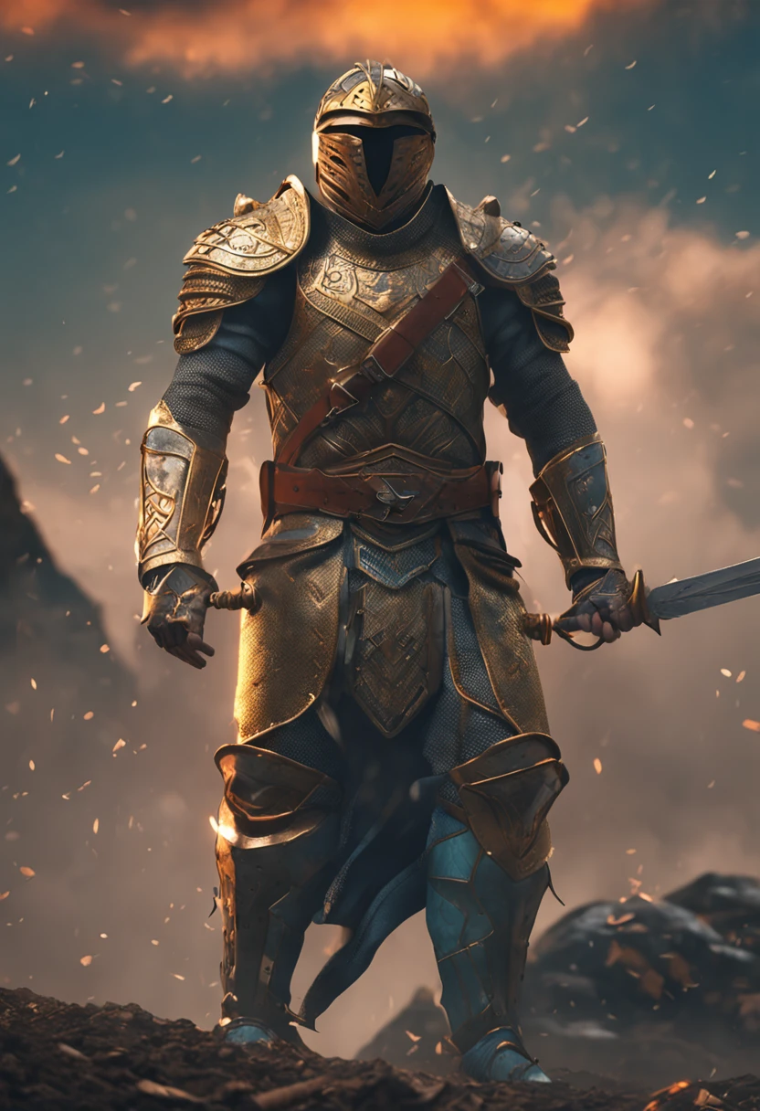 um close up de uma pessoa em armadura segurando uma espada, Complex armor patterns,Armadura Dourada,Fique no topo de uma alta montanha,Clouds in the sky surround the sun,(Professional 3D rendering:1.3) de (Realistic:1.3) The most beautiful artistic photo in the world,soft features, Brilliant male hero, ((Epic hero rough fantasy male muscle wet hero angry looking , Short beard and fierce expression in dynamic pose, fantastic location, Ambiente majestoso e desordenado)), Full-body 8K drive rendering, action shot, poros da pele, very dark lighting, sombreamento pesado, um detalhado, Detalhe Face, (vibrancy, Realistic photogrdeia, Realistic, Dramatic, Escura, foco nítido, 8k), (Roupas de couro velhas danificadas devido ao mau tempo:1.4), ((((Use skins)))), (intricada:1.4), decadente, (altamente detalhado:1.4), pintura digital, rendering by octane, art stations, Conceito-Arte, liso, foco nítido, illustration, Do germe da arte, (Loish:0.23), Wlop Ilya Kuvshinov, e greg rutkowski e alphonse mucha gracias, (global ilumination, studiolight, volume de luz), chuva muito forte, floating particles, patife, genial, we, Corpo inteiroesbiano, ((Fundo escuro e antigo da cidade:1.3)),CGSesocieda,art stations