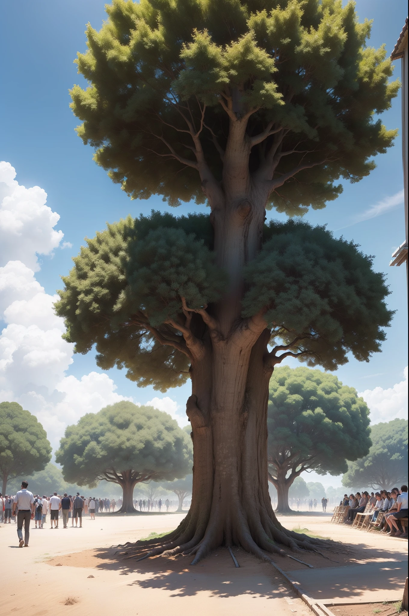 An oak tree growing under brown soil,Above its head is a blue sky and white clouds,It is a crowded street with a sunny day