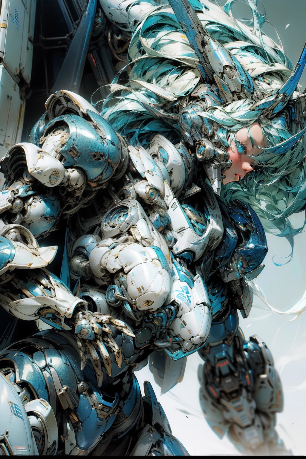 a close up of a woman in a blue and white outfit holding a large robot, anime mecha aesthetic, girl in mecha cyber armor, streamlined blue armor, armor girl, mecha asthetic, anime robotic mixed with organic, slick blue armor, cyberpunk anime girl mech, detailed anime artwork, mechanized valkyrie girl, female mecha, white hair, long hair