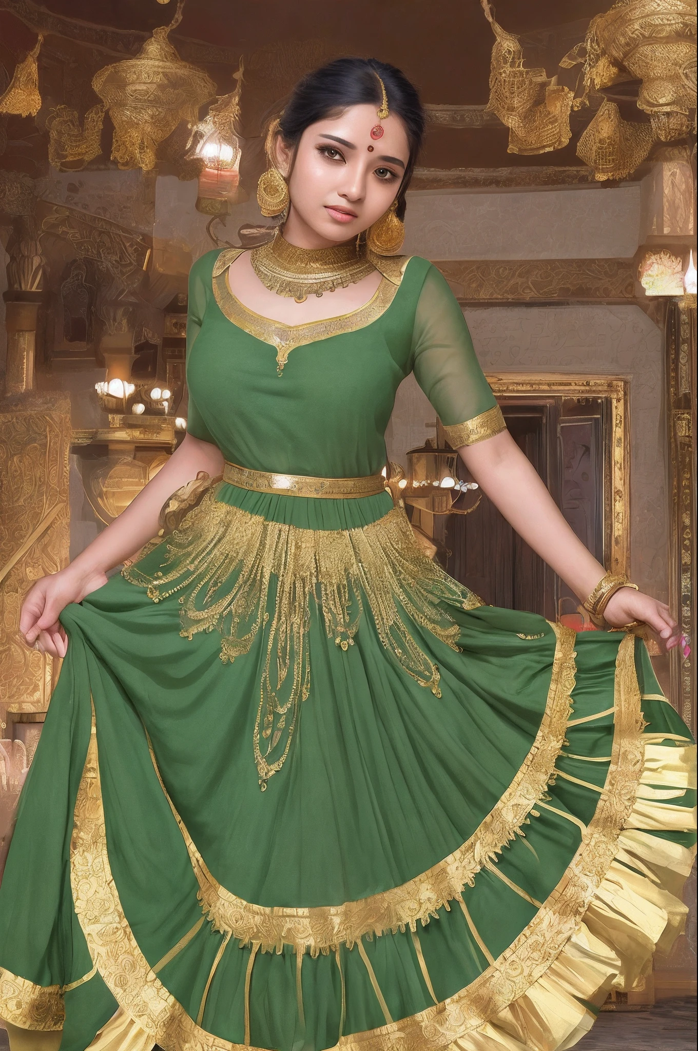(masterpiece, best quality, realistic),
1girl, background, indian dress, dancing, intricate, dark green dress, gold, indian palace, india, indian person, banquet, crowd, picking up skirt, darker skin,
[slight smile],