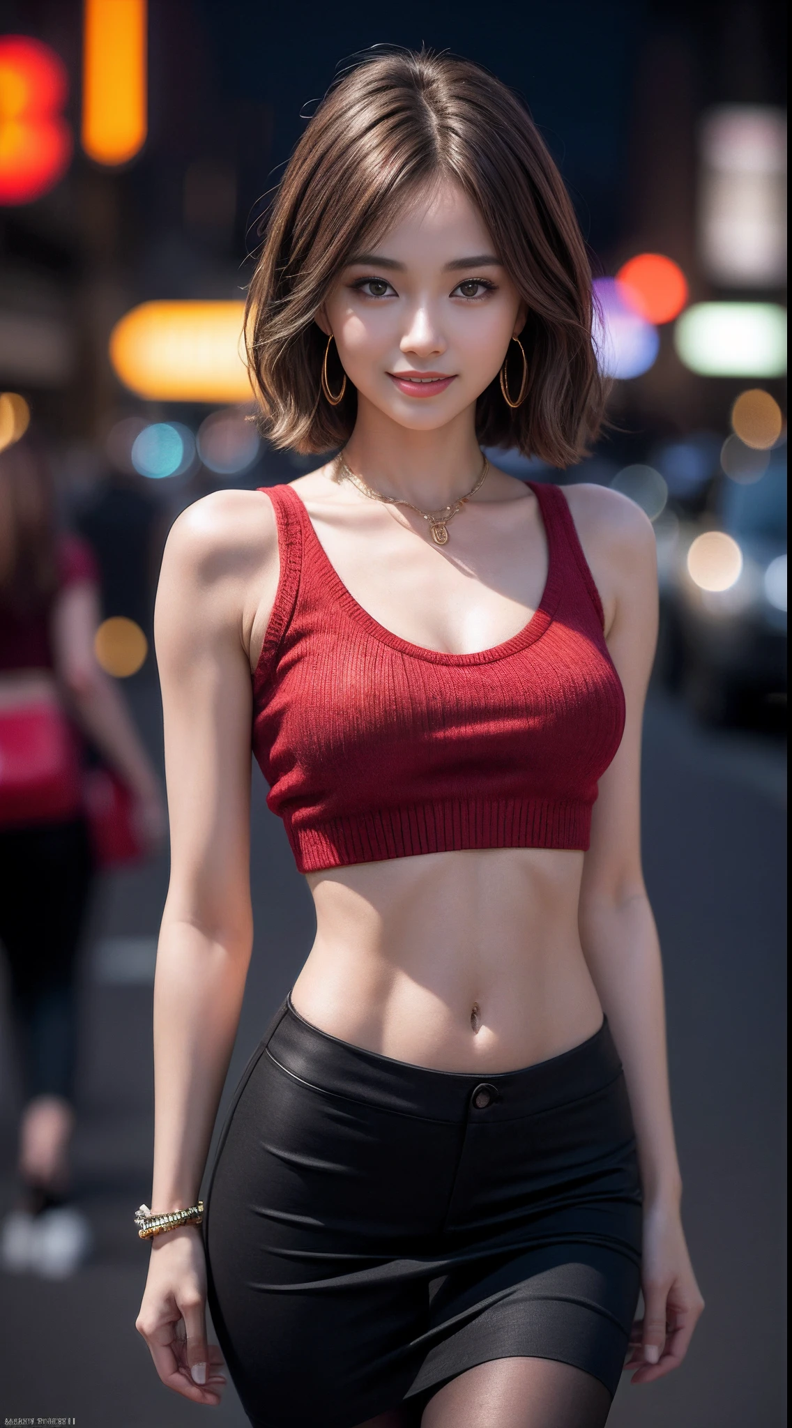 8k, masterpiece, RAW photo, best quality, photorealistic, extremely detailed CG unity 8k wallpaper, Depth of field, Cinematic Light, Lens Flare, Ray tracing, (extremely beautiful face, beautiful lips, beautiful eyes), intricate detail face, ((ultra detailed skin)) 1girl, in the dark, deep shadow, pretty asian girl, 1 girl, (very slim slender fit-muscled body:1.3), ((looking at viewer)),(big smile:1.3), (fashion city night, dark night, (neon sign), (blurred background), street night),(without people in the background:1.3), beautiful earrings, bracelets, necklace, pantyhose, clear eyes, (pale skin), (big eyes), face forward, ((upper body shot)), (looking at viewer:1.3) very slim, medium breasts, (Ultra-realistic, gazing at viewer, short skirt, (hight resolution), (8K), (ighly detailed), (Brown hair, short-hair), (Woman in red short sleeveless sweater, Show the navel), (Slim body)