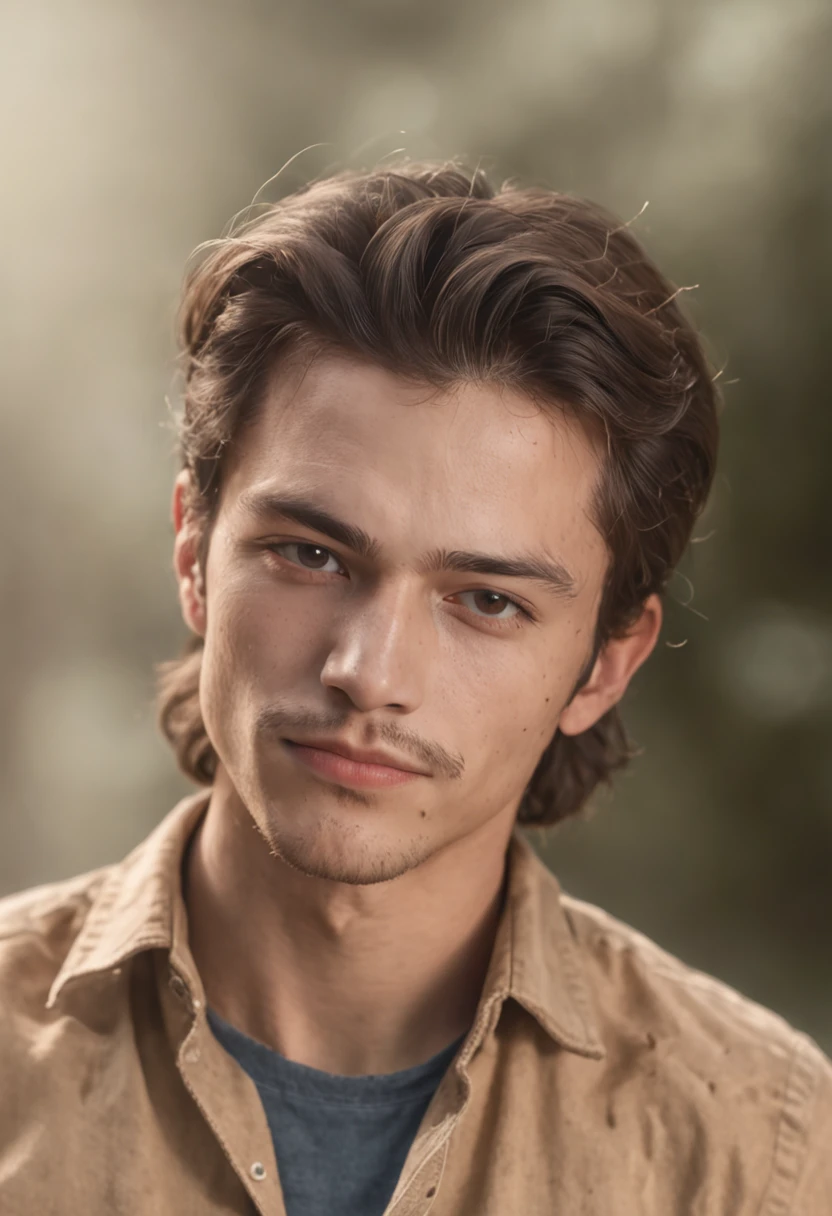 A photorealistic portrait of a young man in rancher clothes' wearing a a tan shirt, suspenders and blue jeans, photorealistic, natural hair, natural face, mustache, sideburns, , hyper detailed, sun beaten, dirty.