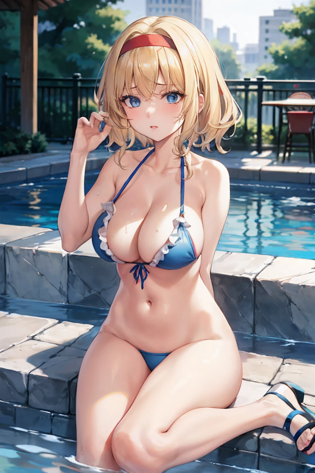 masterpiece, top-quality, 1girl in、Alice Margatroyd, Blonde medium hair(I'm wearing a red headband..),Blue eyes,Night Pool Background、Colossal tits、A slender、Blue ruffled bikini、full body seen、bending forward