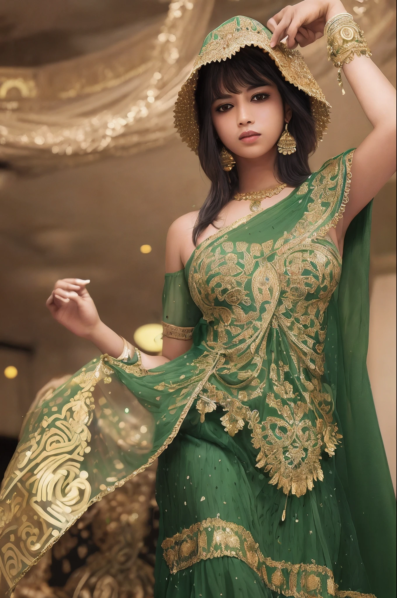 (masterpiece, best quality, realistic),
1girl, background, indian dress, dancing, intricate, dark green dress, gold, indian palace, india, indian person, banquet, crowd, picking up skirt, darker skin,
[slight smile],