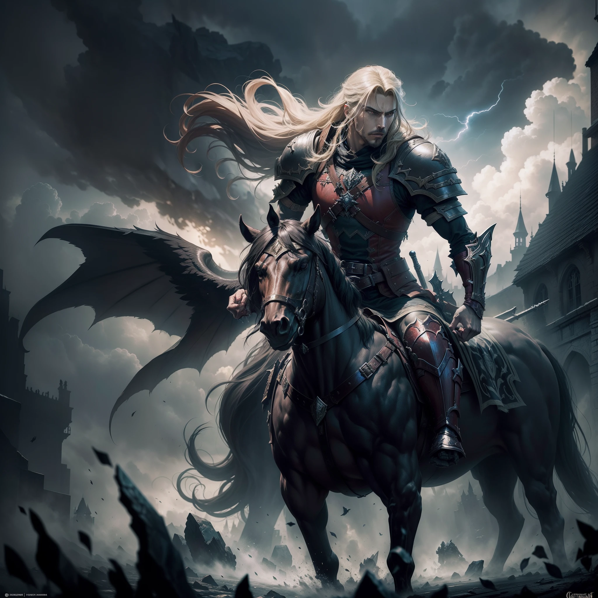 Legendary War battle from Castlevania: Lords of Shadow in a dynamic artwork. Illustrate the clash of supernatural forces, the hero's valor, and the looming darkness that shrouds the battlefield. Let the art convey the raw emotions and intricate details of this pivotal moment in the game's lore hyper realistic super detailed sharp details high resolution