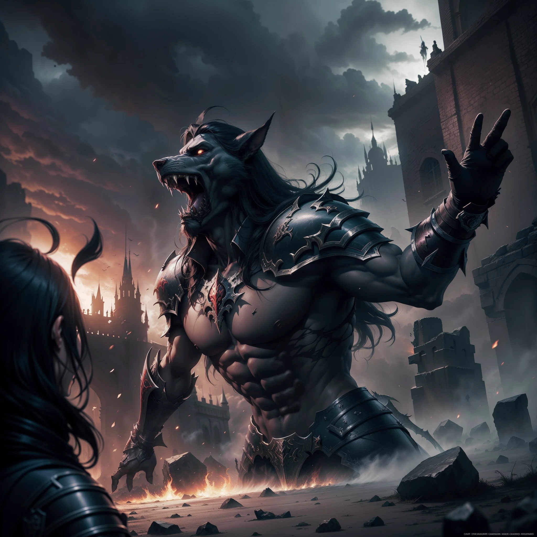 Legendary War battle from Castlevania: Lords of Shadow in a dynamic artwork. Illustrate the clash of supernatural forces, the hero's valor, and the looming darkness that shrouds the battlefield. Let the art convey the raw emotions and intricate details of this pivotal moment in the game's lore hyper realistic super detailed sharp details high resolution