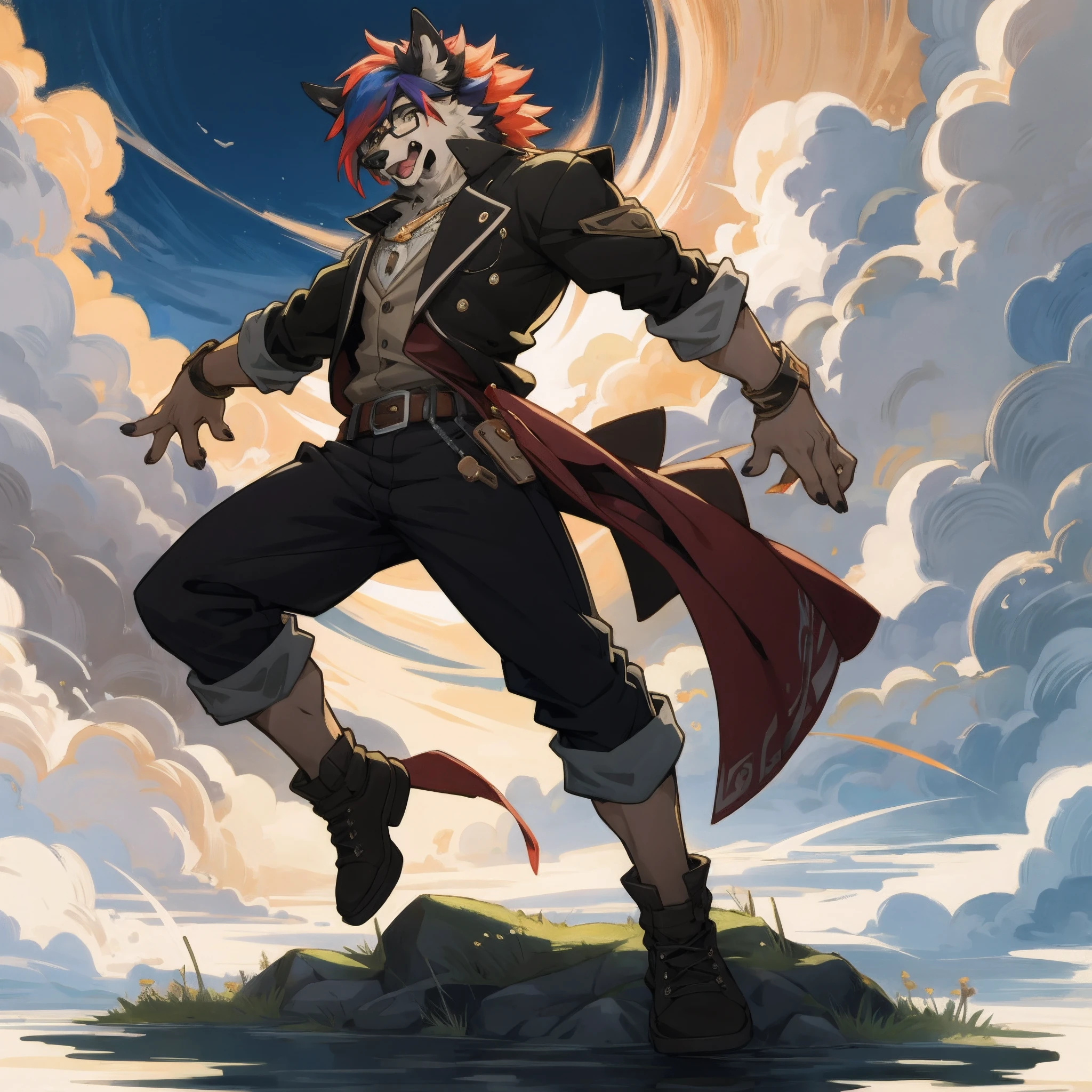 highres, top quality, best quality, paid reward available, High-quality illustrations, unparalleled masterpiece, perfect artwork, absurdres, perfect anatomy, Werewolf with colorful hair and glasses, detailed anime art, official art, visual art, assorted facial expression, fully posable, neutral pose, extra detailed body, 5fingers, thinking pose, cool pose(highly detailed figure)complete detailed body,