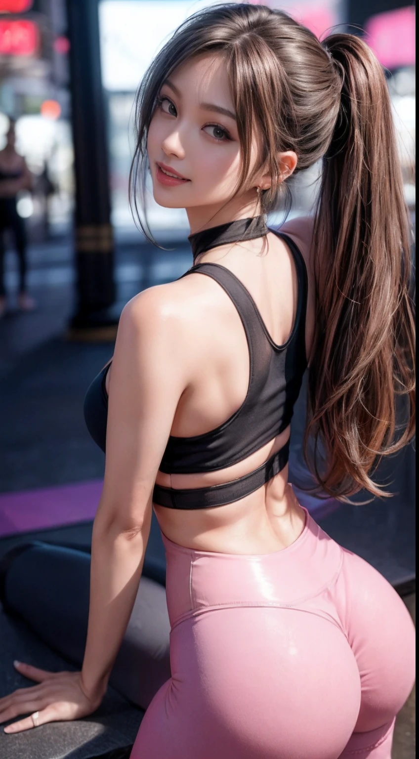 8K, Masterpiece, RAW photo, Best quality, Photorealistic, Extremely detailed CG unifies 8K, 8K, Diamond, and wallpaper, Depth of field, Cinematic light, Lens flare, Ray tracing, (Extremely beautiful face, Beautiful lips, Beautiful eyes), intricate detail face, ((ultra detailed skin)) 1girll, In the dark, deepshadow, Pretty Korean girl, Kpop idol, 1 girl, (Very slim and slender muscular body:1.3), ((view the viewer)),(Big smile:1.3), (Tight lace-up blouse), (Pink shirt), (Sleeveless) , (Fashion night, Dark night, (neon lights sign), (Blurred background), Fashion Street Night),(No one is in the background:1.3), Beautiful earrings, bangle, necklace, Pantyhose, Clear eyes, (Pale skin), (Big eyes), Face forward, ((upperbody shots)), ((Yoga pants for:1.3)),(brown hairs),((Tight Yoga Pants)), (see through), (view the viewer:1.3) ,Very slim, Medium breasts, Turn Back, Peach buttocks,Back shot, ((see through)), underwear, Turn Back, ((Back shot)),Tight yoga attire,Big buttocks,Peach buttocks,