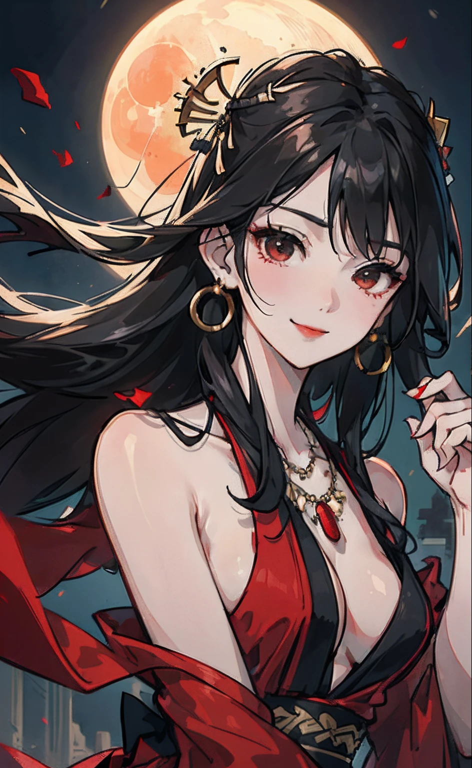Sexy Older Sister,tits out:1.8,Upper body naked, Hair Accessories and Necklaces,8K分辨率,top-quality,hyper HD,extreme hight detail,ancient environment,the night,Top Design,Red Hakama,Dynamic lens,Texture,Ancient wind,A smile,dance, Black eyes, A dark-haired, kindly smile, red lipsticks, Moon and Sun, Gentle face