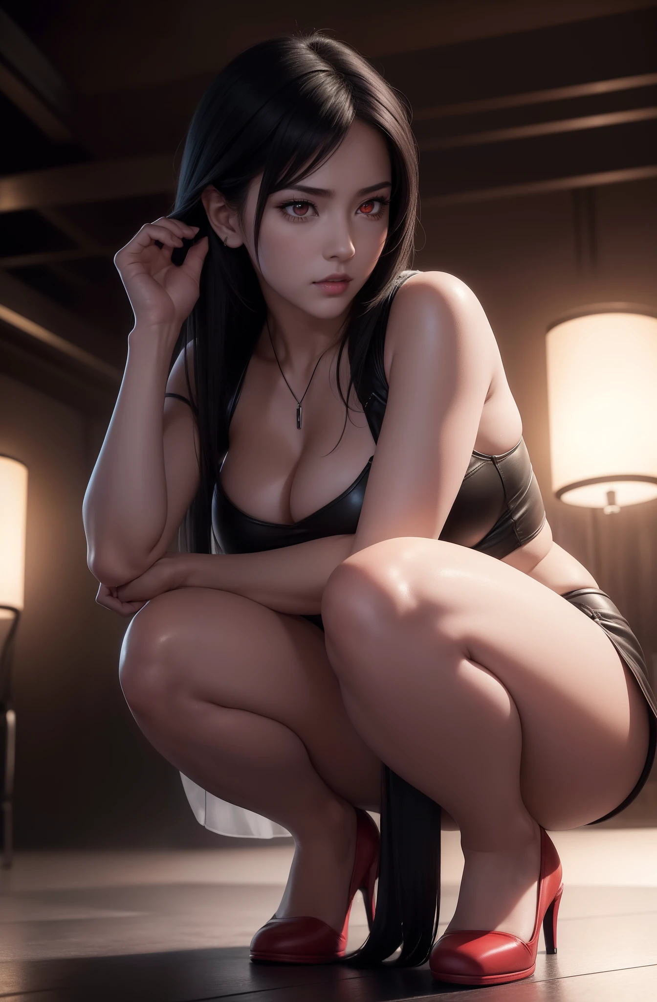 Tifa Lockhart, ff Tifa_lockhart, FF7, sultry face,Armpits，hand behind head，Mess up your hair，Contemptuous eyes look down at the audience，Clear white silk panties， (black leather clothes:1.2), Black miniskirt, (Black long hair), Hair bangs (Red eyes:1.3) Long eyelashes, beautiful red eyes with brightness, surrealism, black shadows, stereograms, (Photorealistic, Realistic: 1.2), angle of view, Atmospheric perspective, Cinematic lighting, Ray tracing, 8K, Super detail, Best quality, Masterpiece, detail-rich, (Canan EOS R6, 135mm, 1/1250s, f/2.8, ISO 400:0.9), Cyberpunk, neonlight, Neon signs, cleavage，(gigantic cleavage breasts:1.2) ，Red gloves,(((From the front side)))，(((From below))), (((crouched)))，(((The legs are M-shaped open)))，(((Shoot upwards from between your legs)))