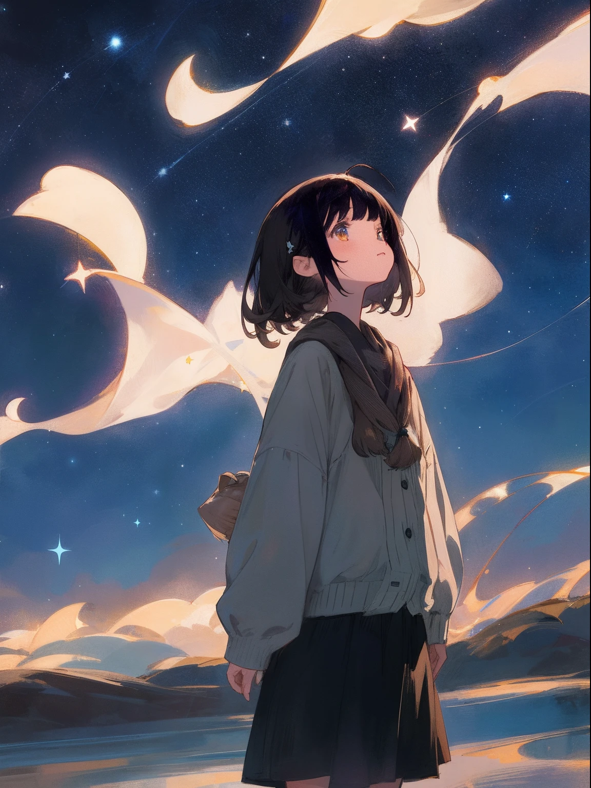 masterpiece, top-quality, 1girl in, The upper part of the body, is standing,, shorth hair, , A dark-haired, Casual clothing, frilld, natta、looking up at the stars、Starry sky