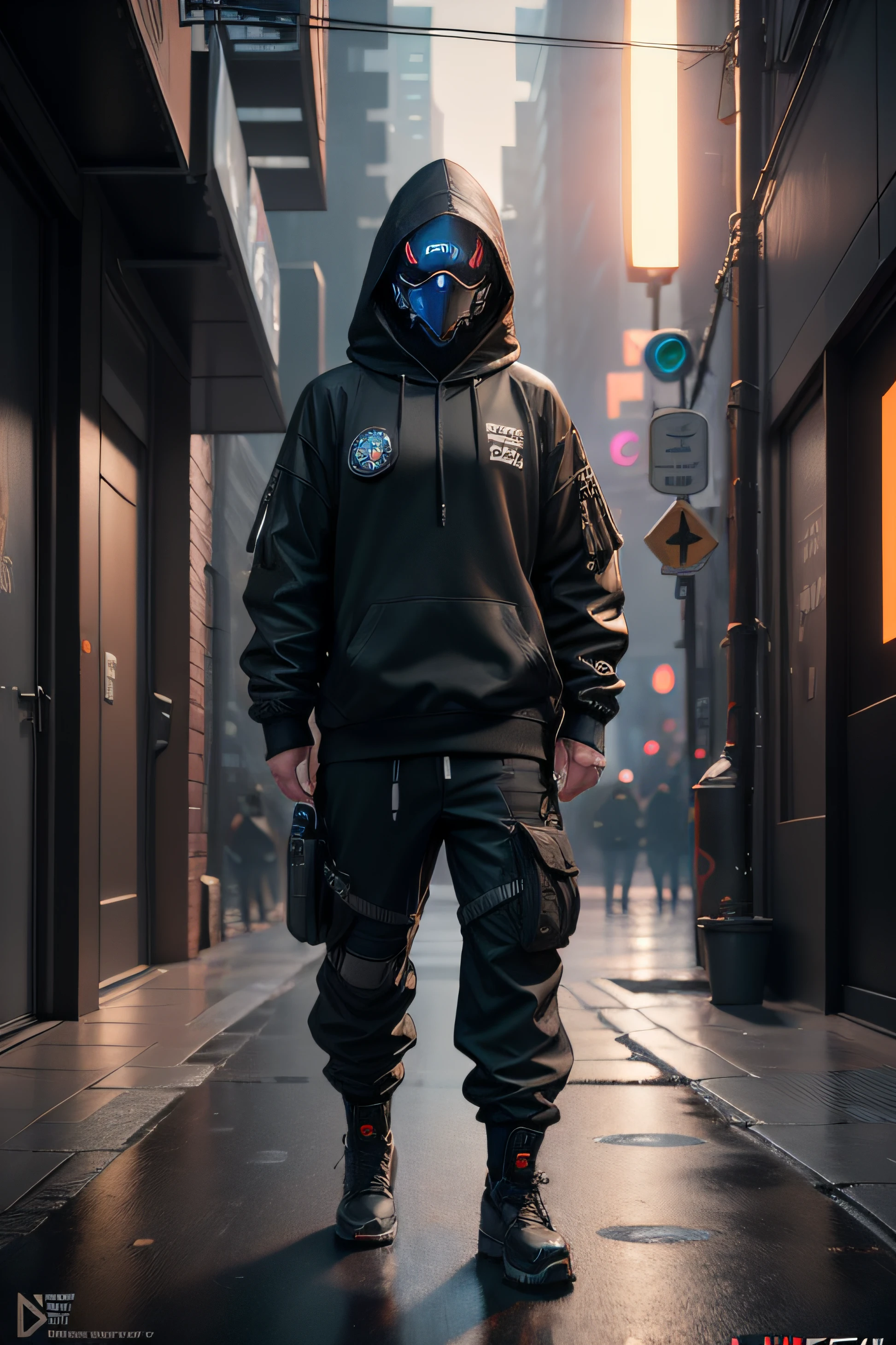 (masterpiece, full body shot, intricate raw photography) Cyberpunk citizen, comfortable oversize black hoodie, black cargo pants, black clothes, dark, wearing a black helmet hitech style Astronaut, intricate, futuristic, advanced technology, dark environment, dramatic, light and shadow, cinematic, action movie, sharpness, random relaxed position, Cyberpunk City, street lights, dark street, night, Insta photo, photo of the year, octane render, substance, Maya 3D, cinema4D, ArtStation Trending, Devian Art Trend,