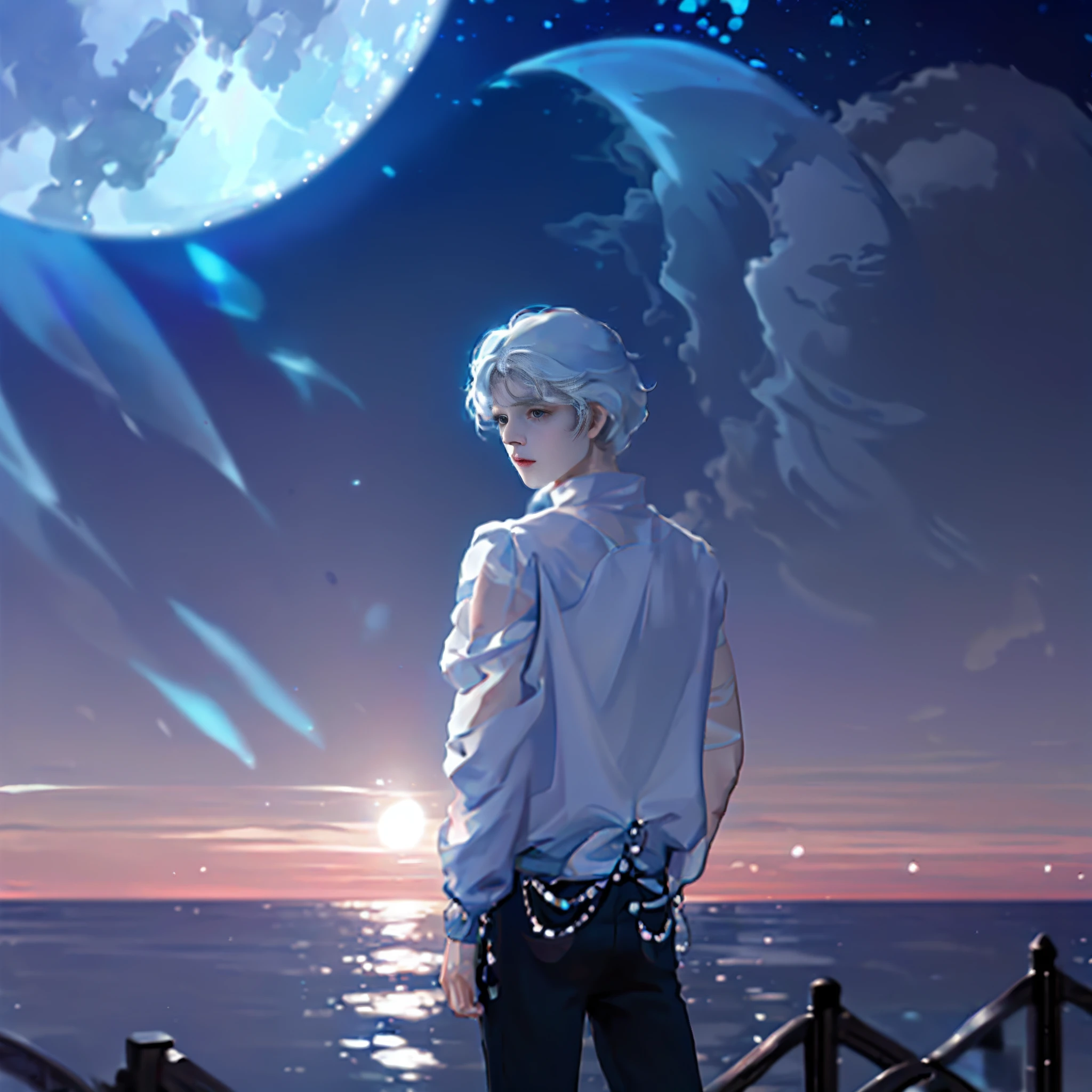 The background is appropriate for white, art style, lonely handsome boy of the moon, simple and atmospheric painting style, Exquisite HD, Rich in details, clear picture quality, arte de fundo, future, Mature atmosphere 8K exquisite white space art by the sea。HD, clear facial contours, delicate facial features, black hair, picture HD
