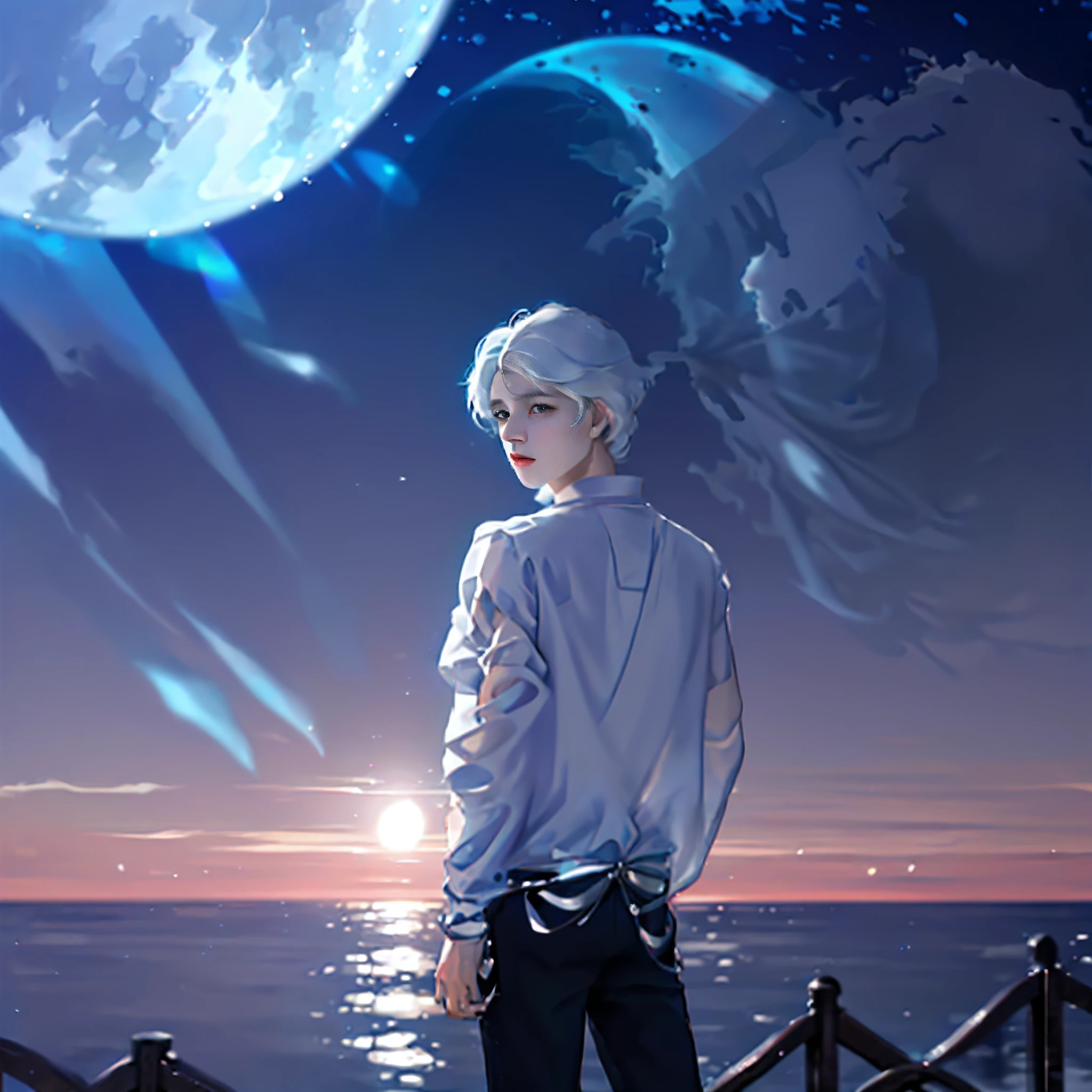 The background is appropriate for white, art style, lonely handsome boy of the moon, simple and atmospheric painting style, Exquisite HD, Rich in details, clear picture quality, arte de fundo, future, Mature atmosphere 8K exquisite white space art by the sea。HD, clear facial contours, delicate facial features, black hair, picture HD