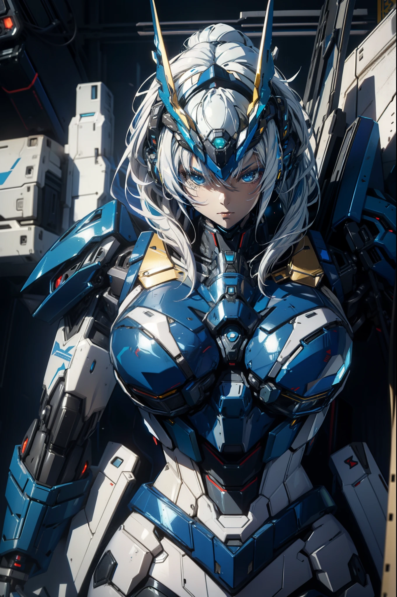 a close up of a woman in a blue and white outfit holding a large robot, anime mecha aesthetic, girl in mecha cyber armor, streamlined blue armor, armor girl, mecha asthetic, anime robotic mixed with organic, slick blue armor, cyberpunk anime girl mech, detailed anime artwork, mechanized valkyrie girl, female mecha, white hair, long hair