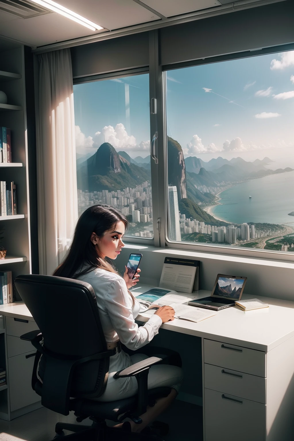 Modern futuristic large office with computer, cell phone and a beautiful view of rio de janeiro's landscape in the window family photos and books working woman