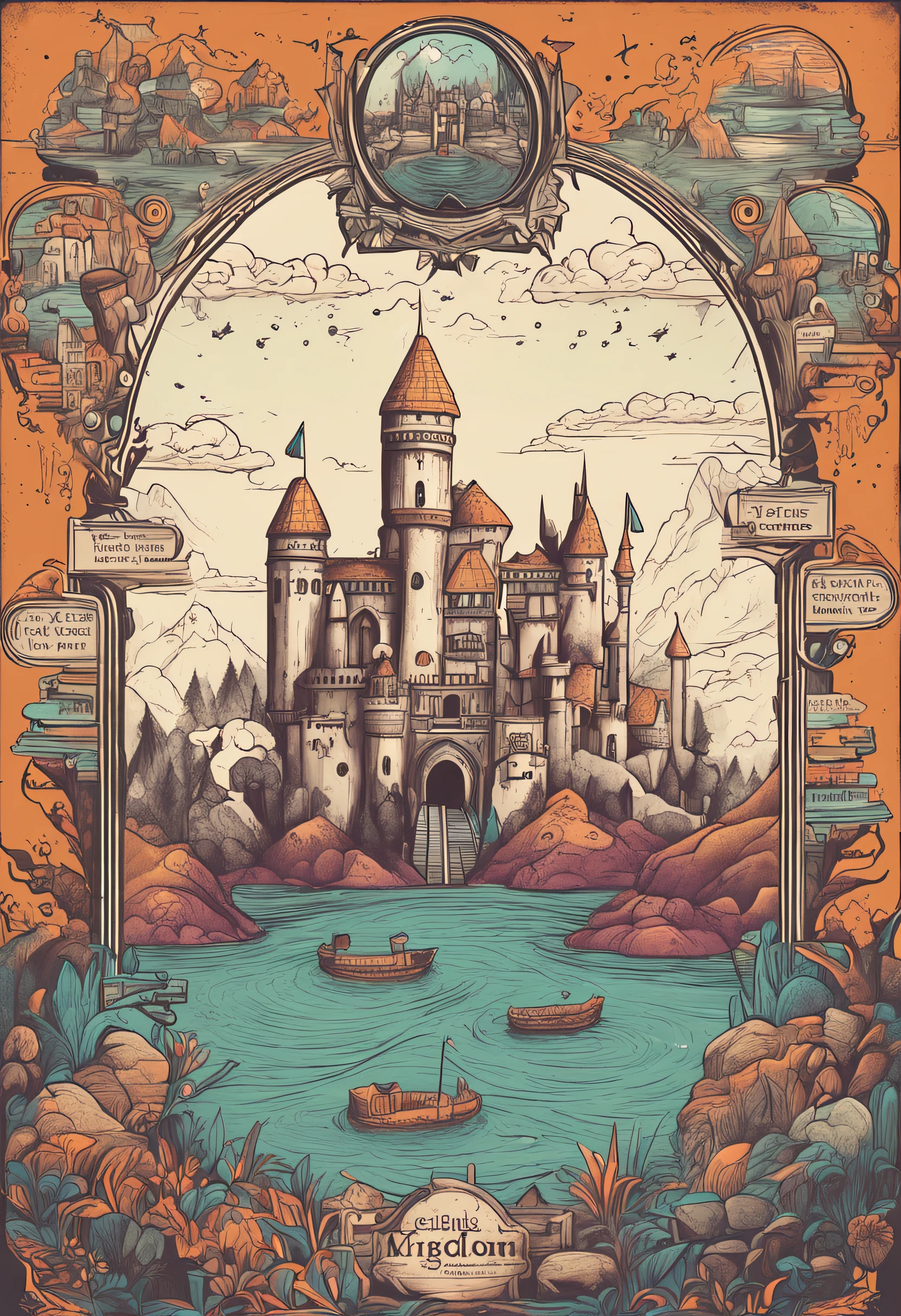 Create a map image of a kingdom called Mystica. It is a kingdom filled with realms of magic, enchantment, and adorable creatures.