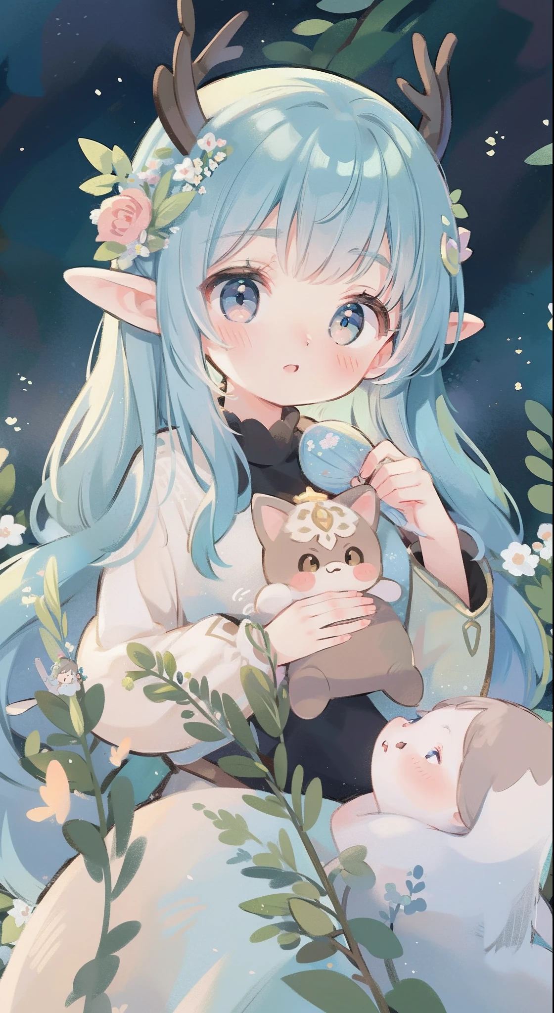 high high quality,tmasterpiece,Delicate facial features,Delicate hair,Delicate eyes,Delicate hair,animemanga girl,deer antlers,Black color hair,florals, Dreamy style, Fantastic flower garden,fantasy style clothing,Romantic dress, beautiful and elegant elf queen, a beautiful fantasy empress, Fantasy art style, ((a beautiful fantasy empress)), Anime fantasy illustration, high priestess, fey queen of the summer forest, anime art nouveau, goddess of the forest, portrait of an elf queen, A beautiful artwork illustration,8K high quality detailed art(Delicate facial portrayal)(Fine hair depiction)(highest quality)(Master masterpieces)(High degree of completion)(a sense of atmosphere)8k wallpaper,tmasterpiece,Best quality at best,ultra - detailed