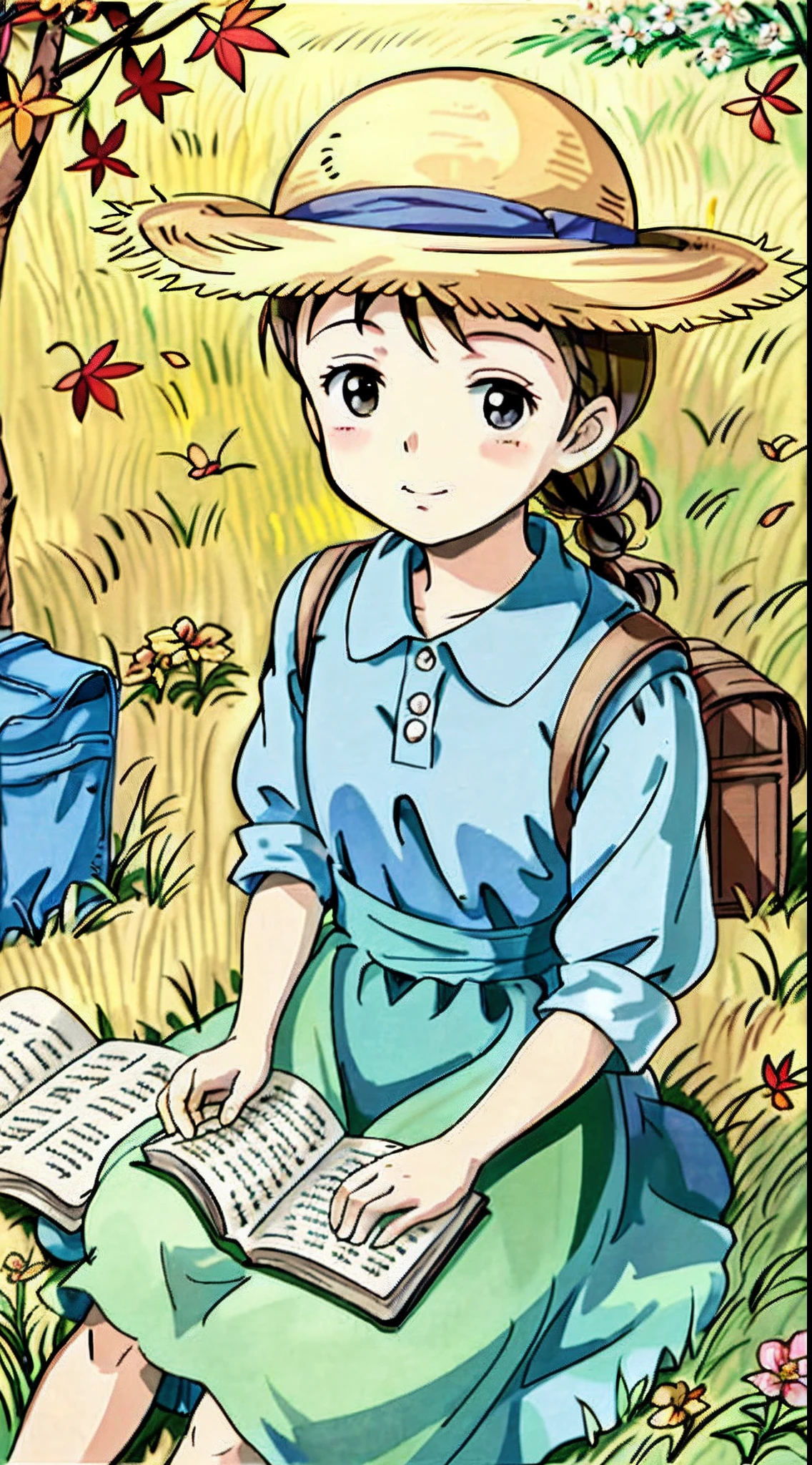 Sitting in an autumn wheat field,A super cute little girl reads a fairy tale book,Natural light,Fresh and light colors,blossoms,butterflys,Straw Hat Hat,book,bookbag,Super detailed picture,tmasterpiece,Masterpiece,Shooting from an elevation perspective