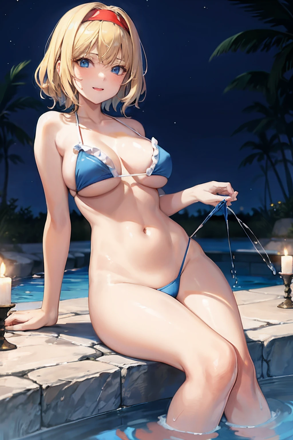 masterpiece, top-quality, 1girl in、Alice Margatroyd, Blonde medium hair(I'm wearing a red headband...),Blue eyes,Night Pool Background、Colossal tits、A slender、Blue ruffled bikini、full body seen、Happy face